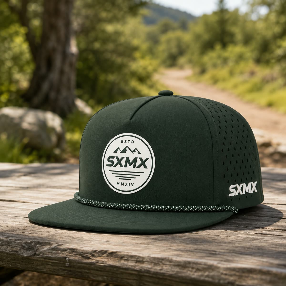 Custom White Rope Trim Camp Cap with Perforated Panels scene