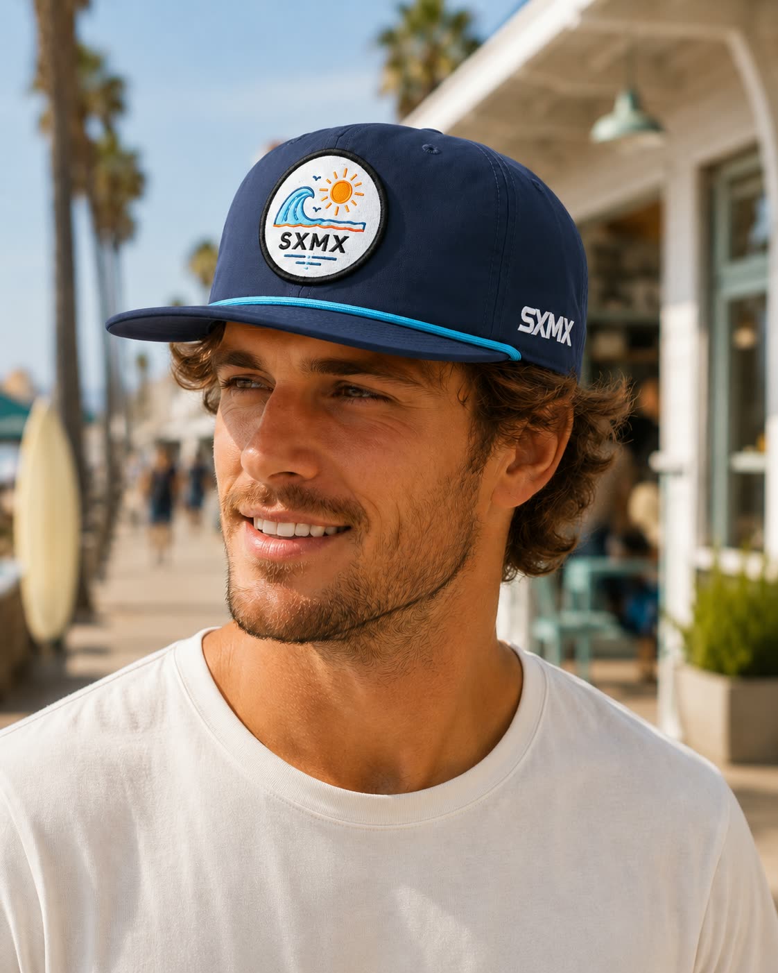 Custom Navy Wave and Sun Camp Cap with Rope Trim on model