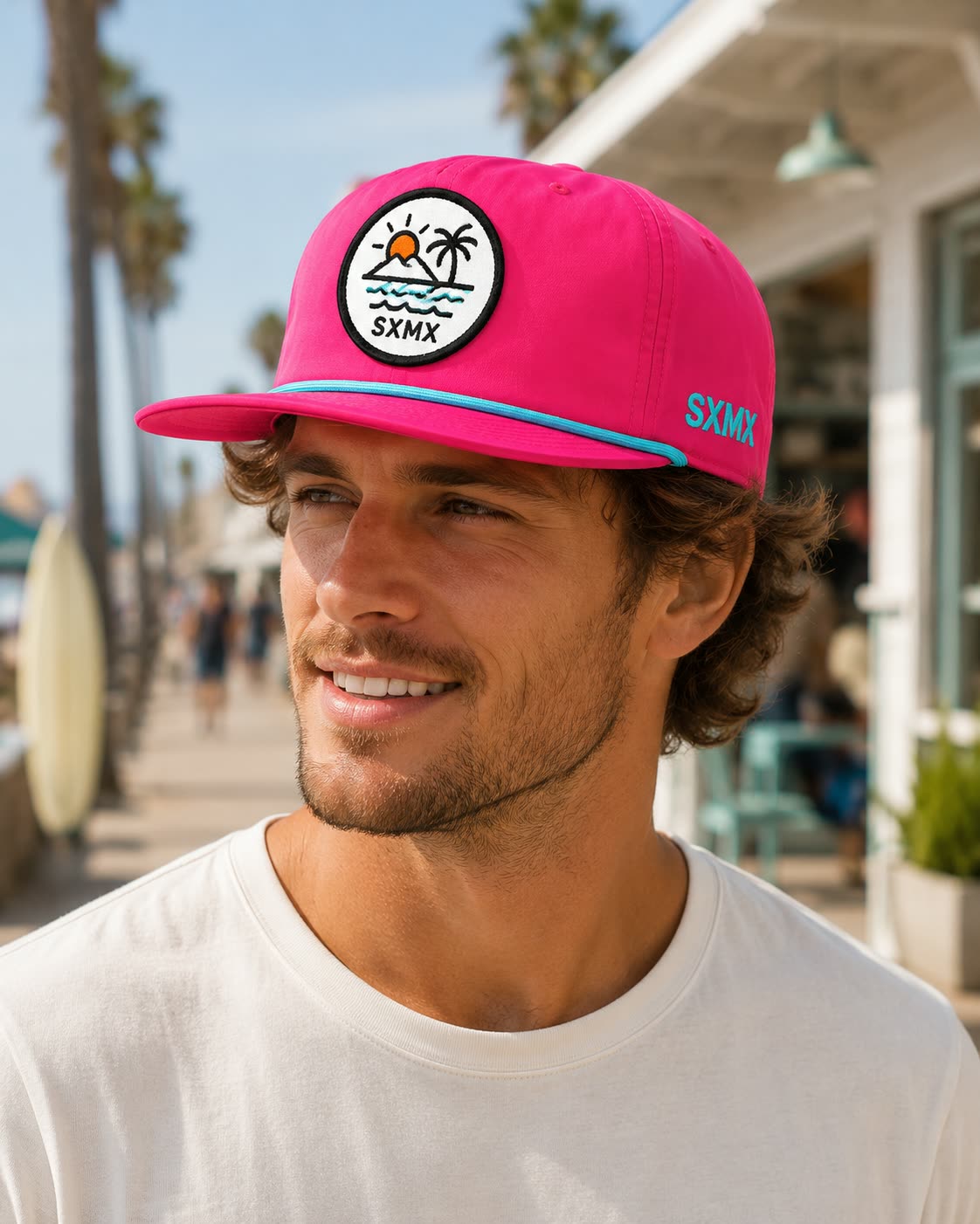 Custom Navy Wave and Sun Camp Cap with Rope Trim on model