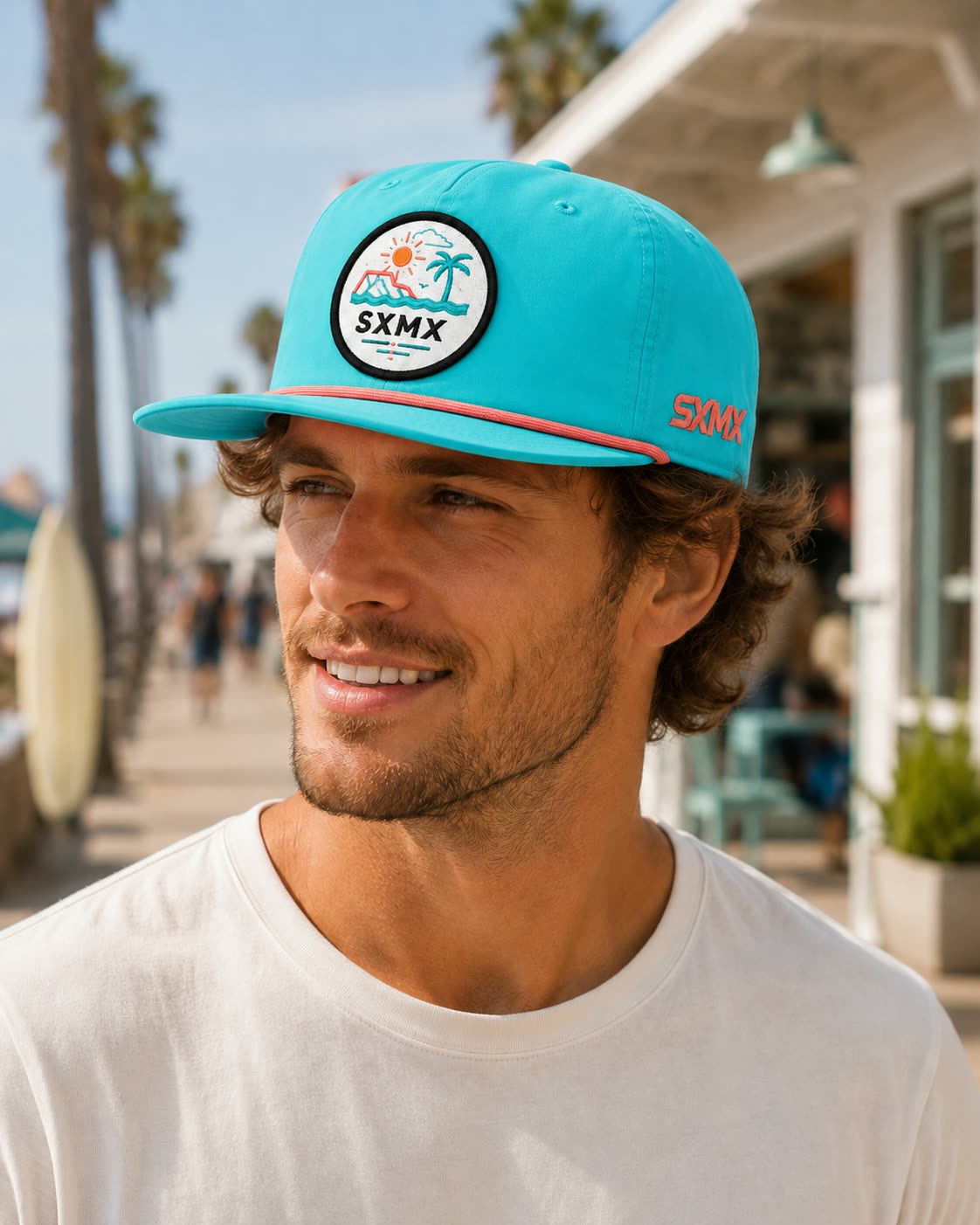Custom Navy Wave and Sun Camp Cap with Rope Trim on model