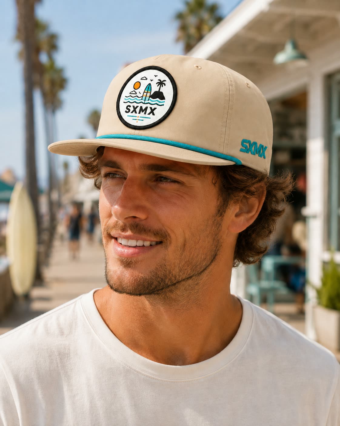 Custom Navy Wave and Sun Camp Cap with Rope Trim on model