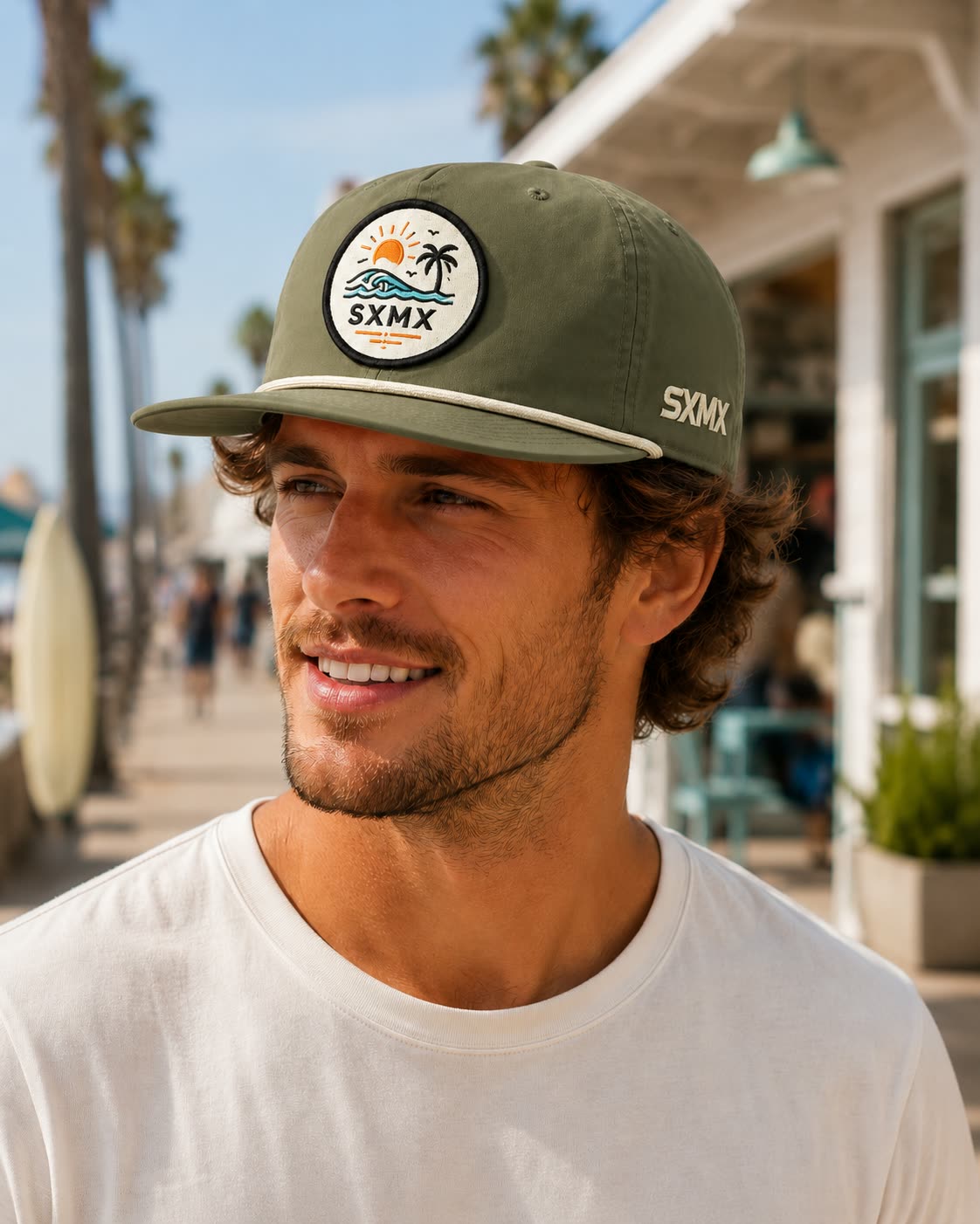 Custom Navy Wave and Sun Camp Cap with Rope Trim on model
