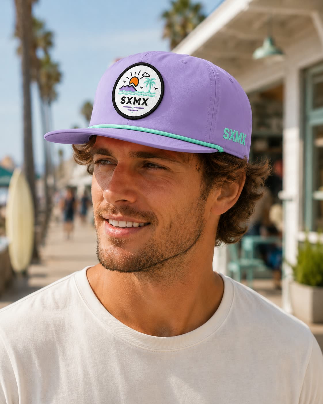 Custom Navy Wave and Sun Camp Cap with Rope Trim on model