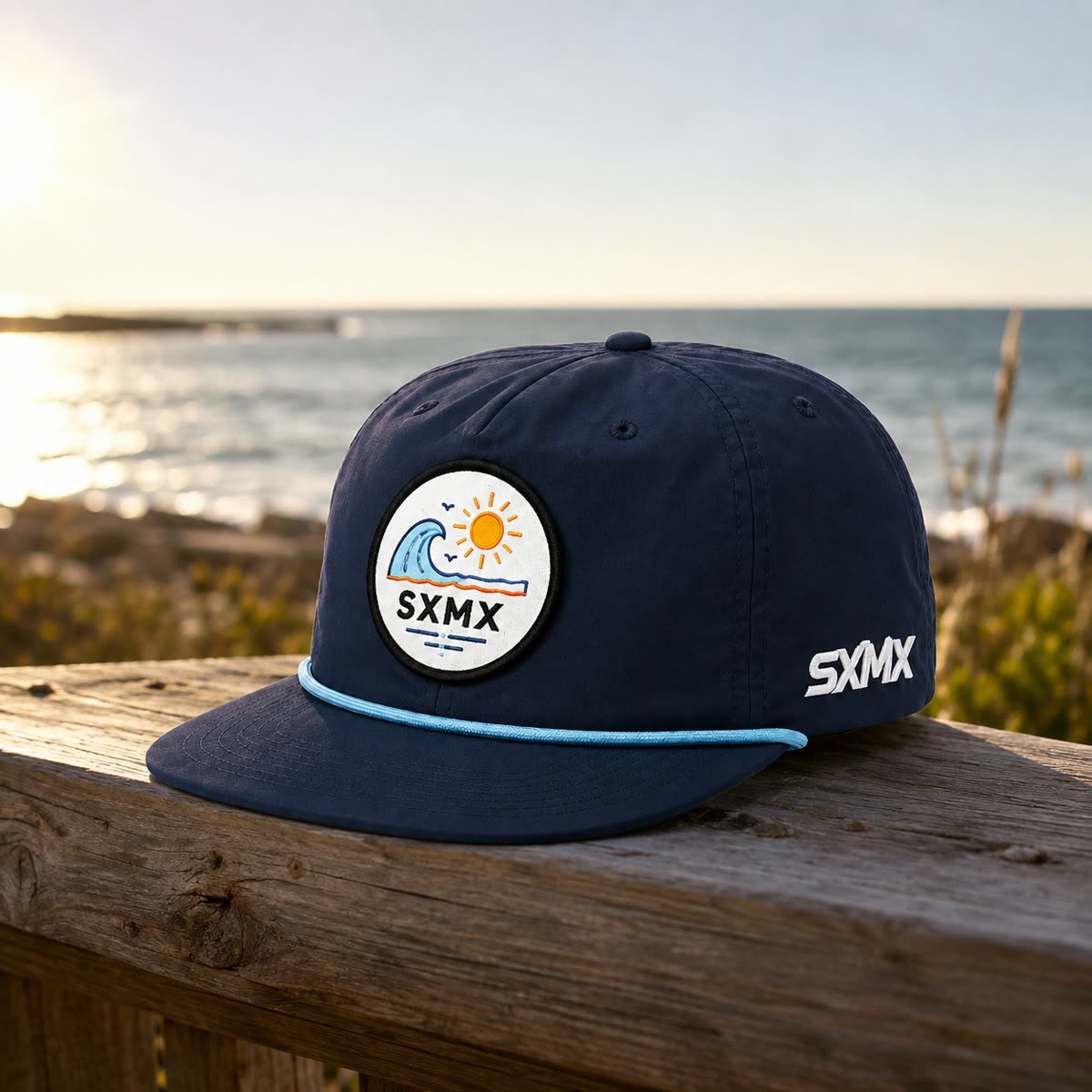 Custom Navy Wave and Sun Camp Cap with Rope Trim scene