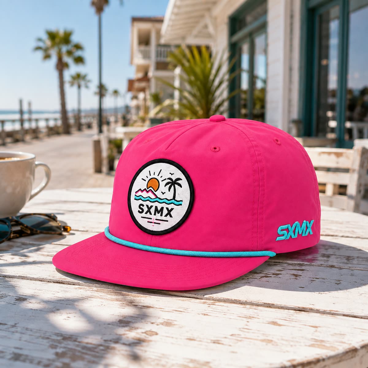 Custom Navy Wave and Sun Camp Cap with Rope Trim scene