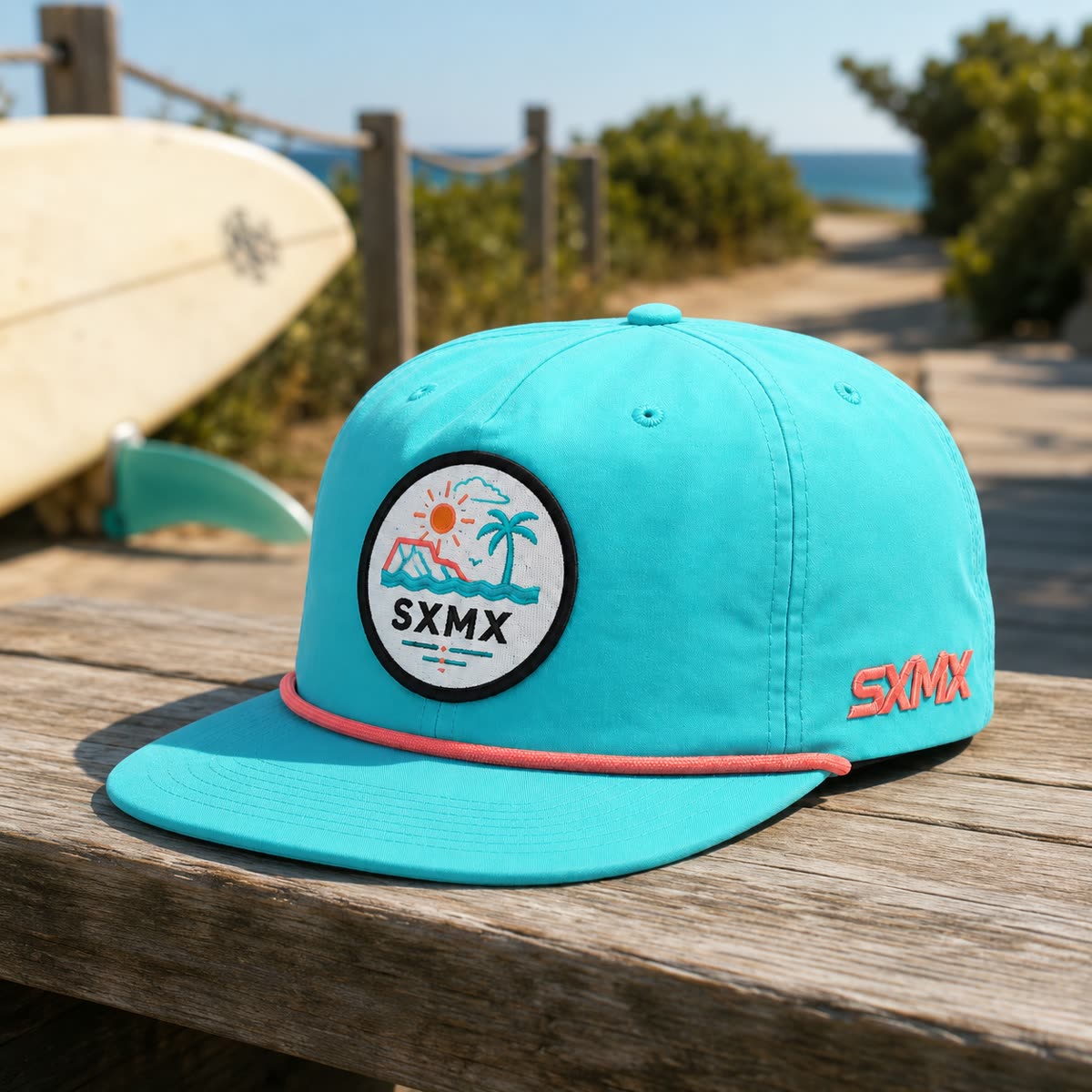 Custom Navy Wave and Sun Camp Cap with Rope Trim scene