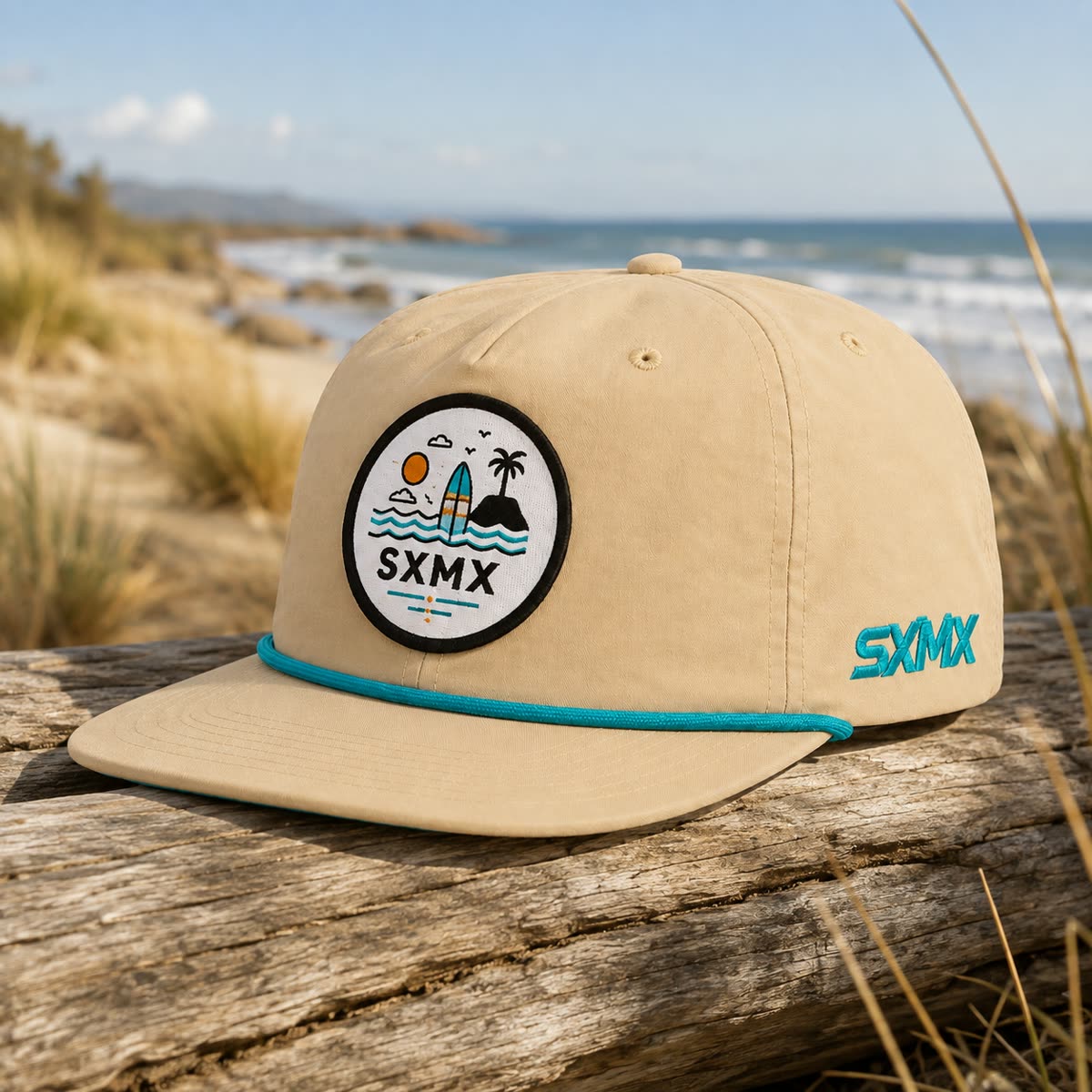 Custom Navy Wave and Sun Camp Cap with Rope Trim scene