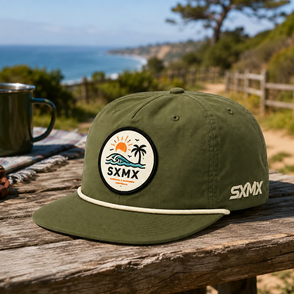 Custom Navy Wave and Sun Camp Cap with Rope Trim scene