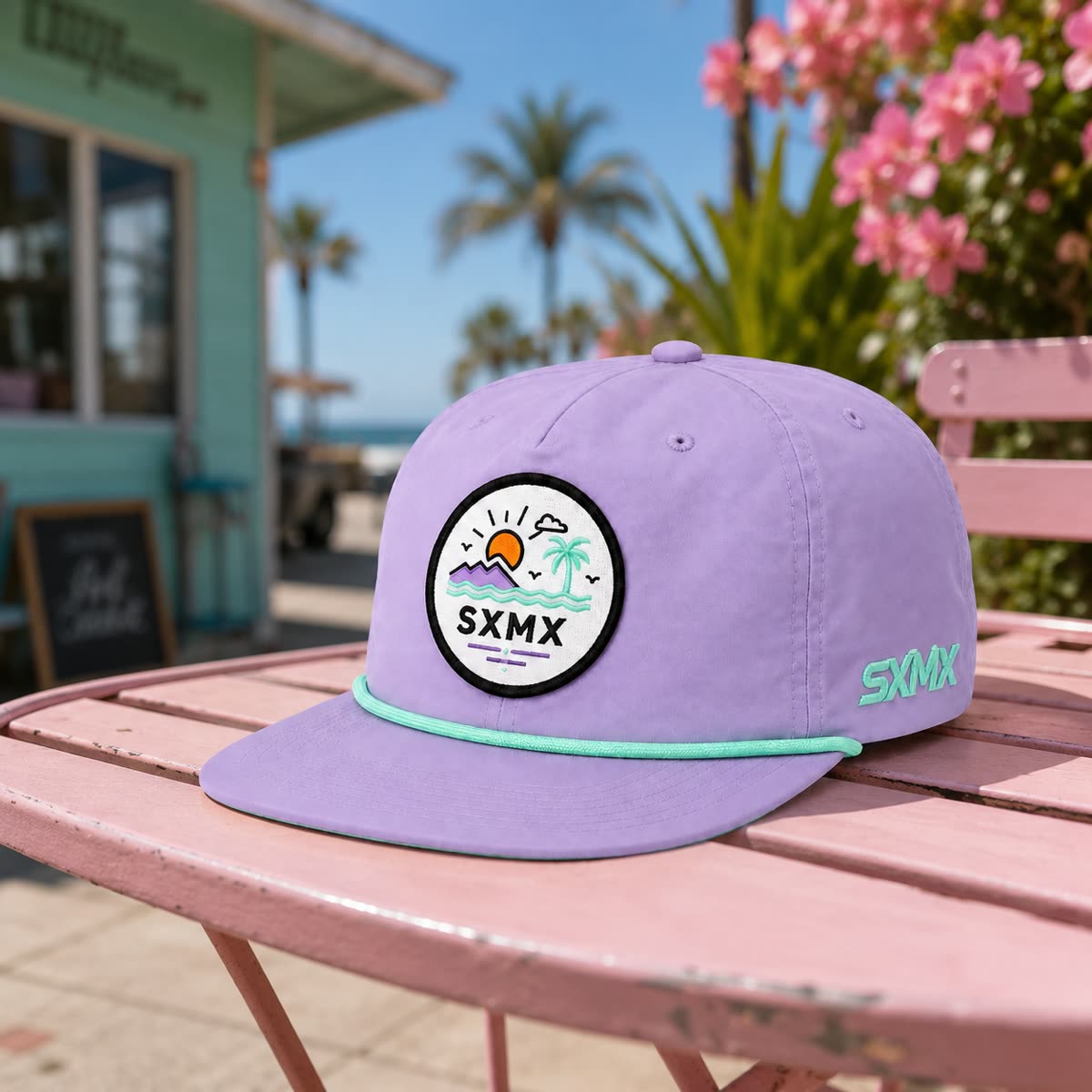 Custom Navy Wave and Sun Camp Cap with Rope Trim scene