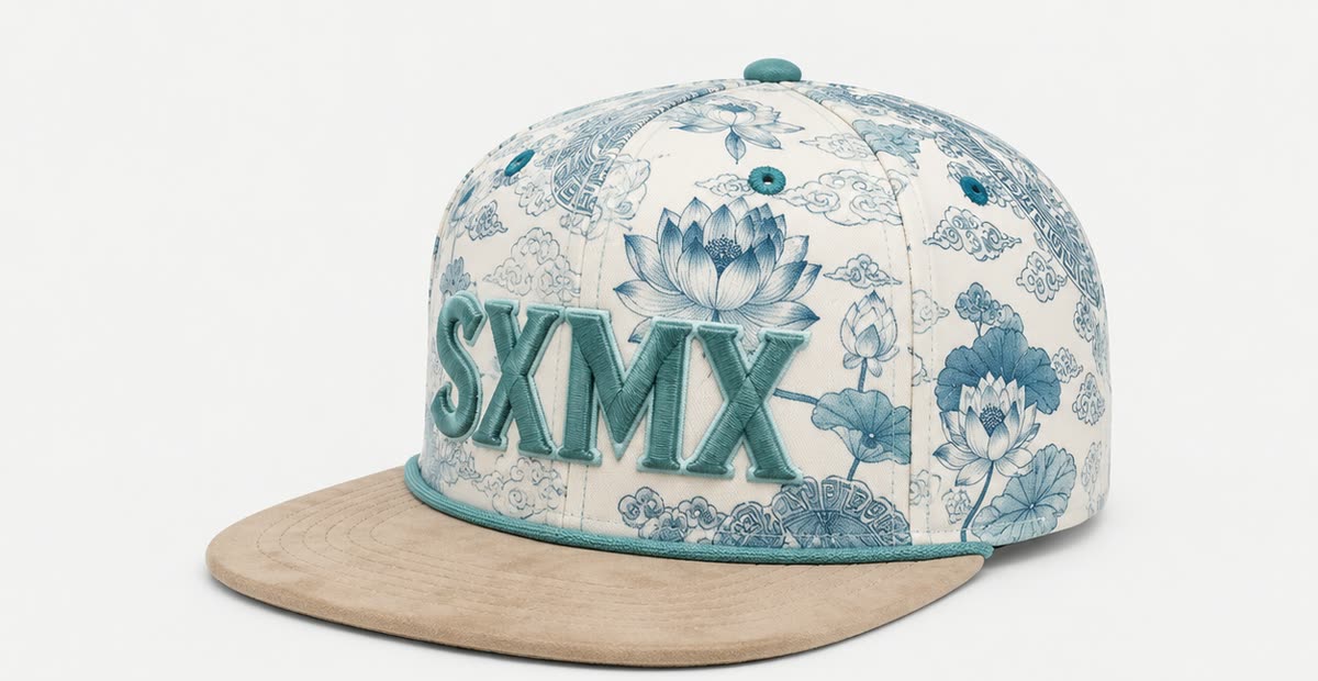 Custom Teal Floral Flat Brim Cap with Suede Brim, Flat Brim - image 1