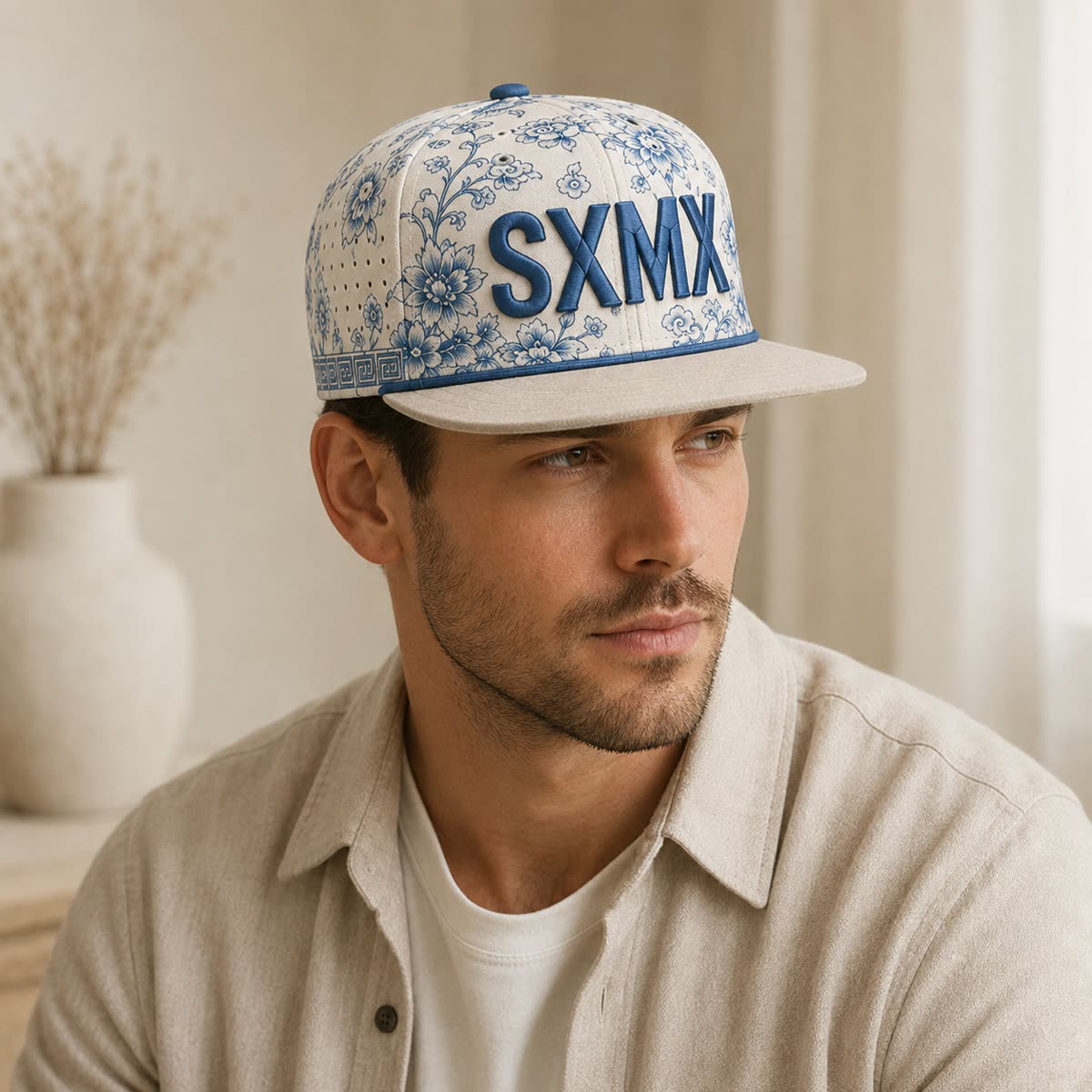 Custom Teal Floral Flat Brim Cap with Suede Brim on model
