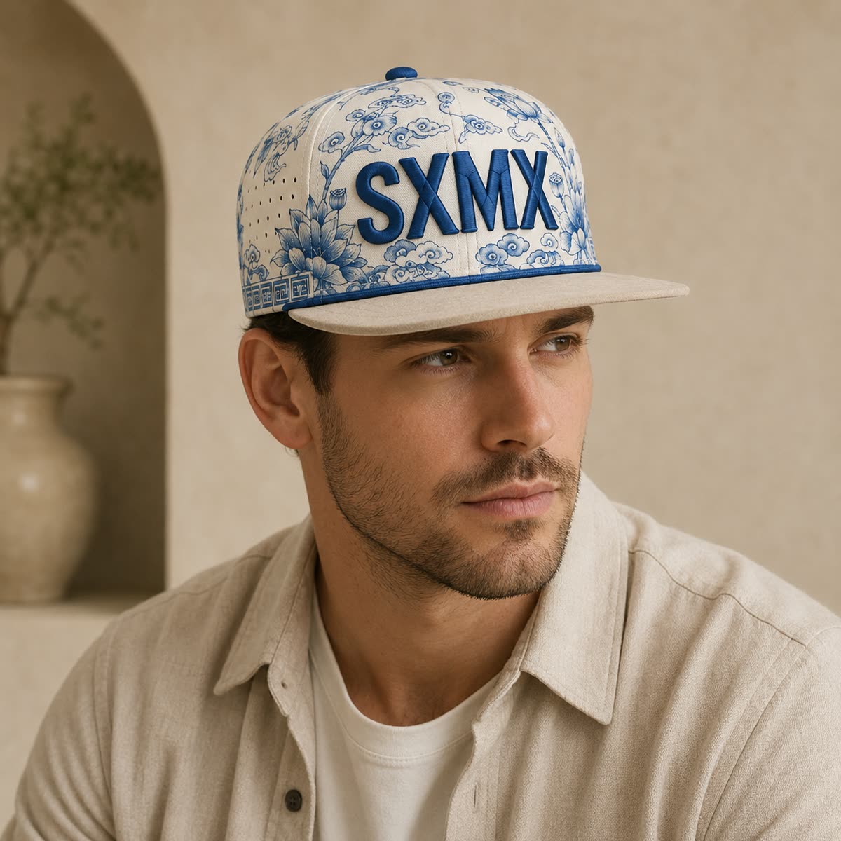 Custom Teal Floral Flat Brim Cap with Suede Brim on model