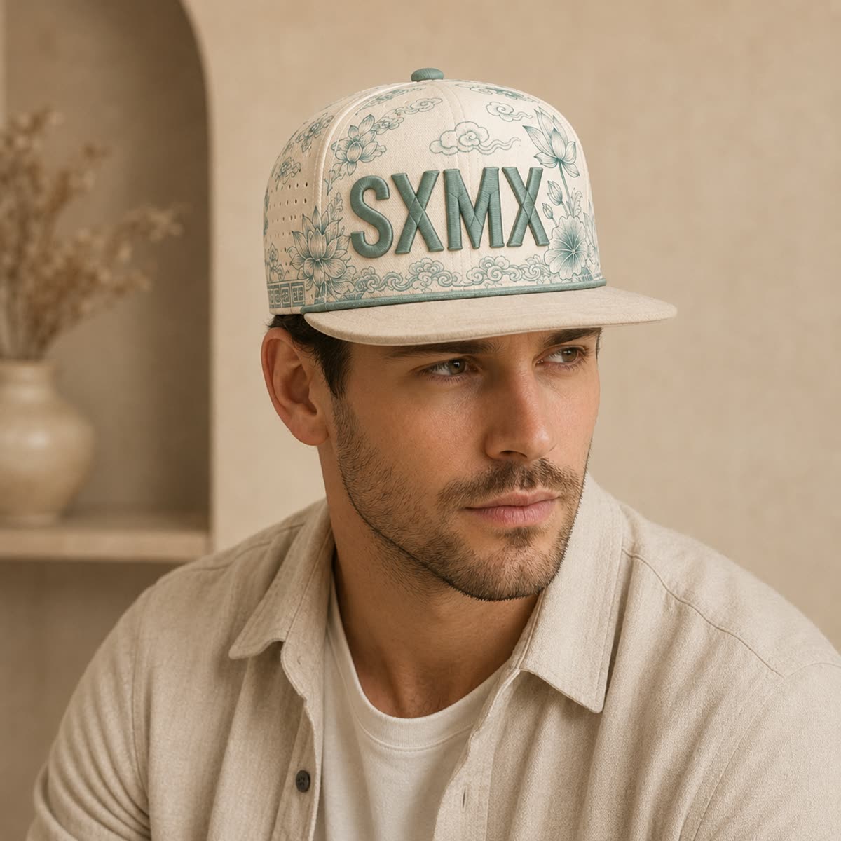 Custom Teal Floral Flat Brim Cap with Suede Brim on model