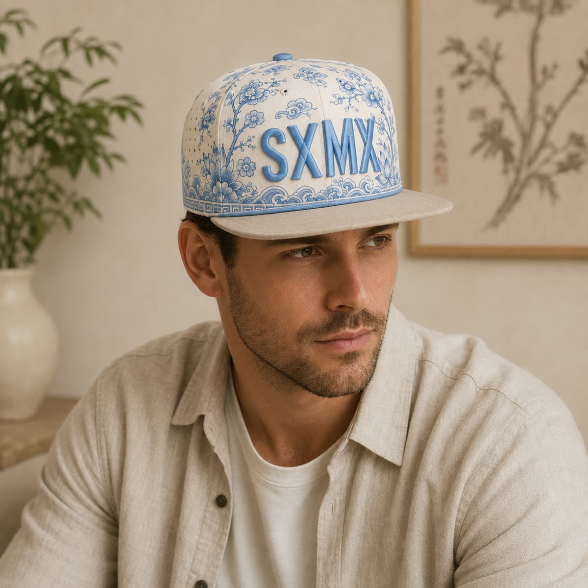Custom Teal Floral Flat Brim Cap with Suede Brim on model