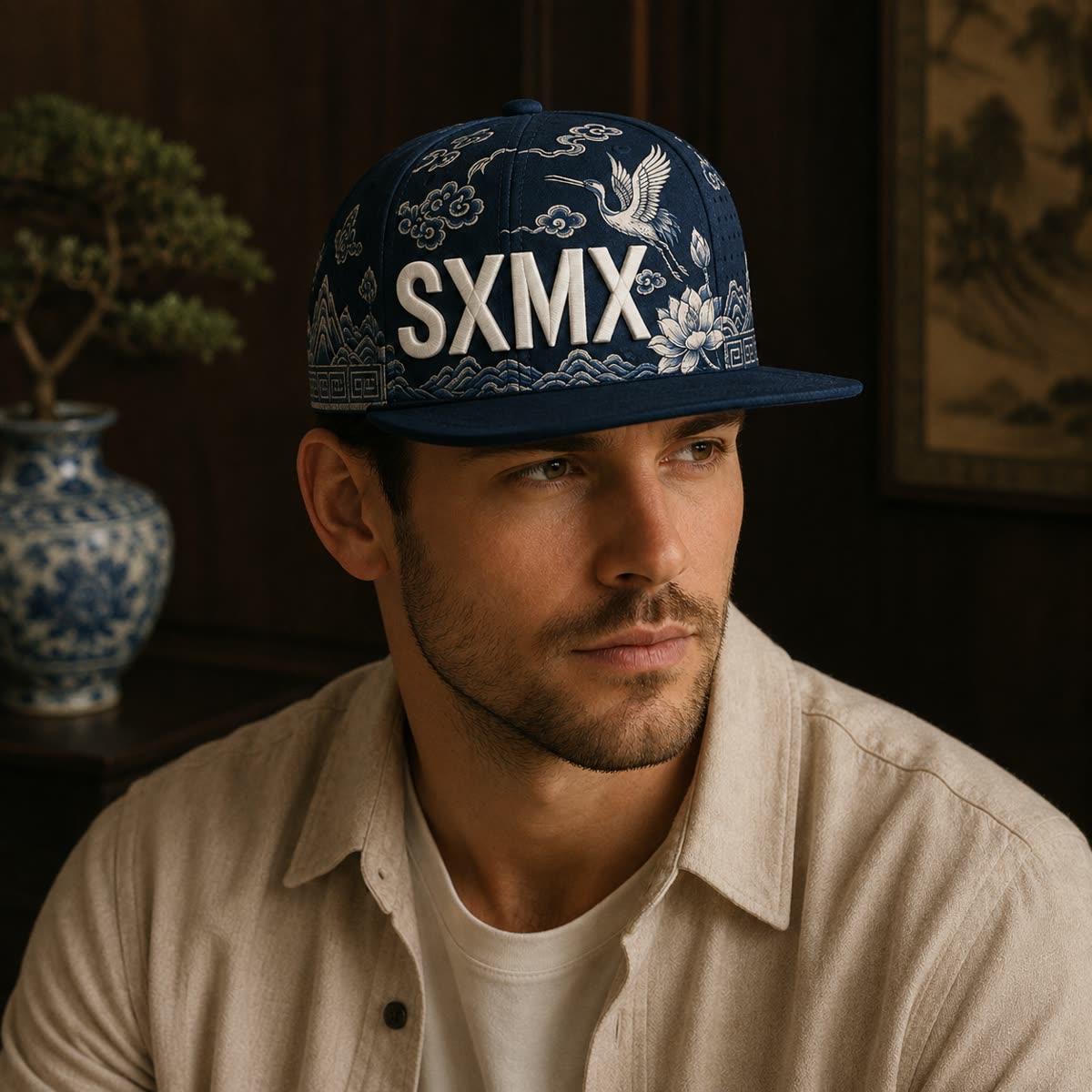 Custom Teal Floral Flat Brim Cap with Suede Brim on model