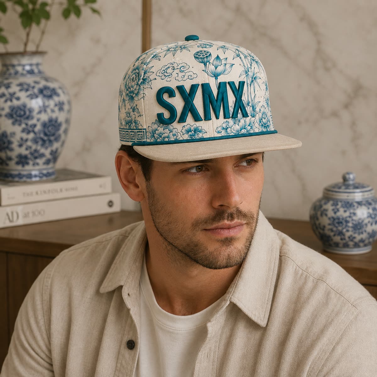 Custom Teal Floral Flat Brim Cap with Suede Brim on model