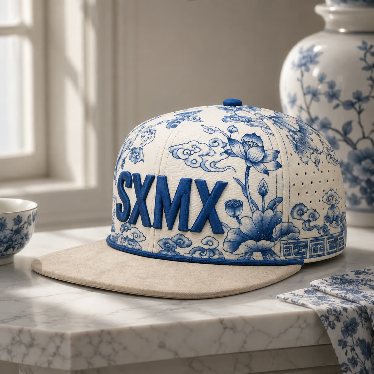 Custom Teal Floral Flat Brim Cap with Suede Brim scene