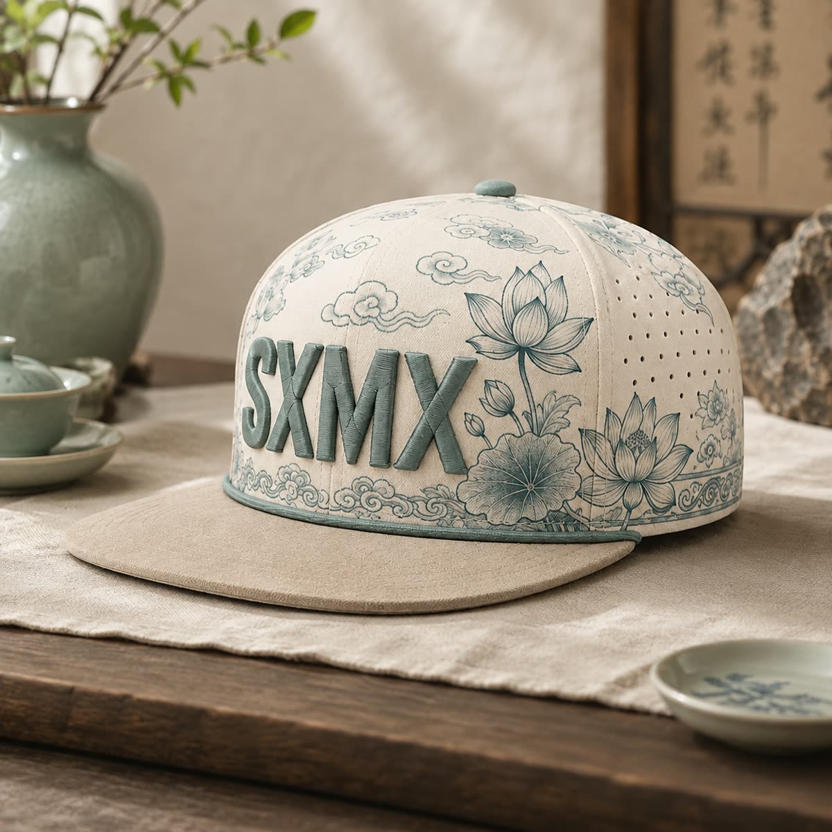 Custom Teal Floral Flat Brim Cap with Suede Brim scene