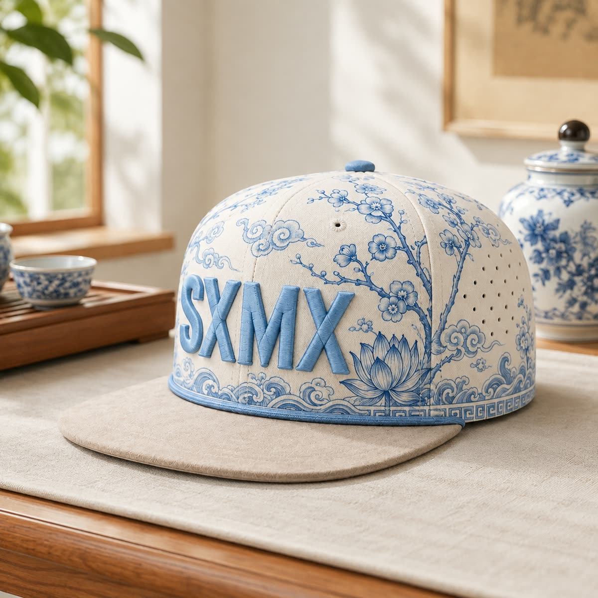 Custom Teal Floral Flat Brim Cap with Suede Brim scene