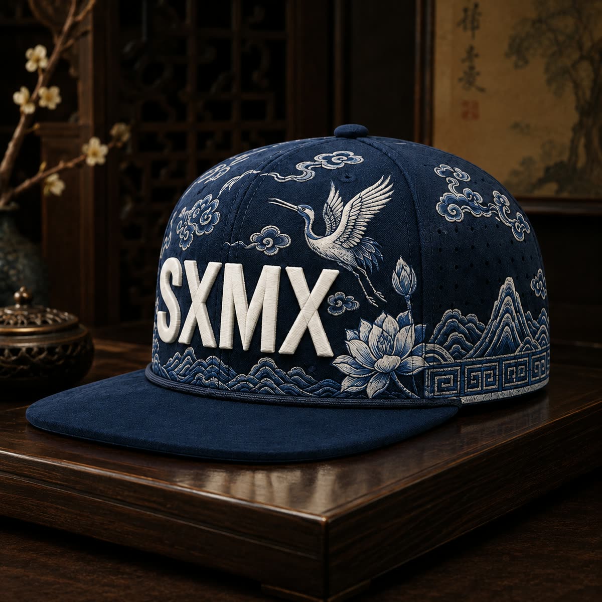 Custom Teal Floral Flat Brim Cap with Suede Brim scene
