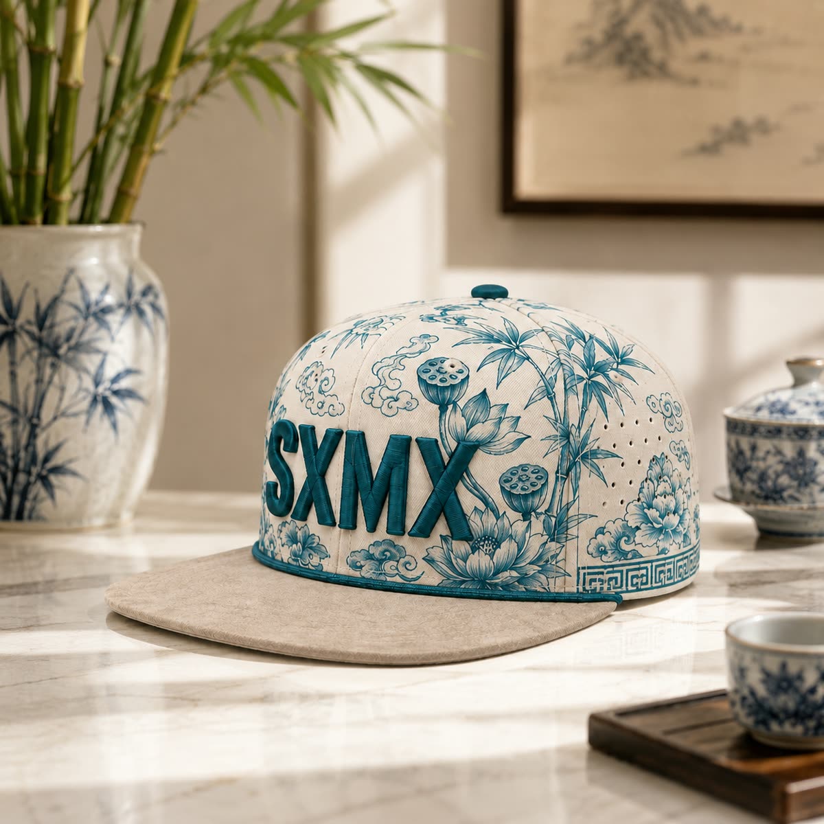 Custom Teal Floral Flat Brim Cap with Suede Brim scene