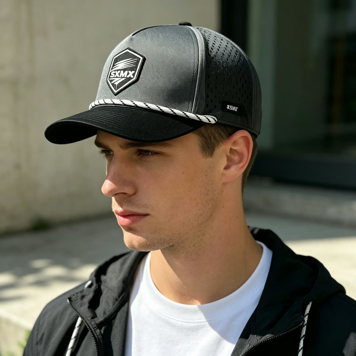 Custom Gray Two-Tone Rope Trim Cap with Embroidered Patch on model