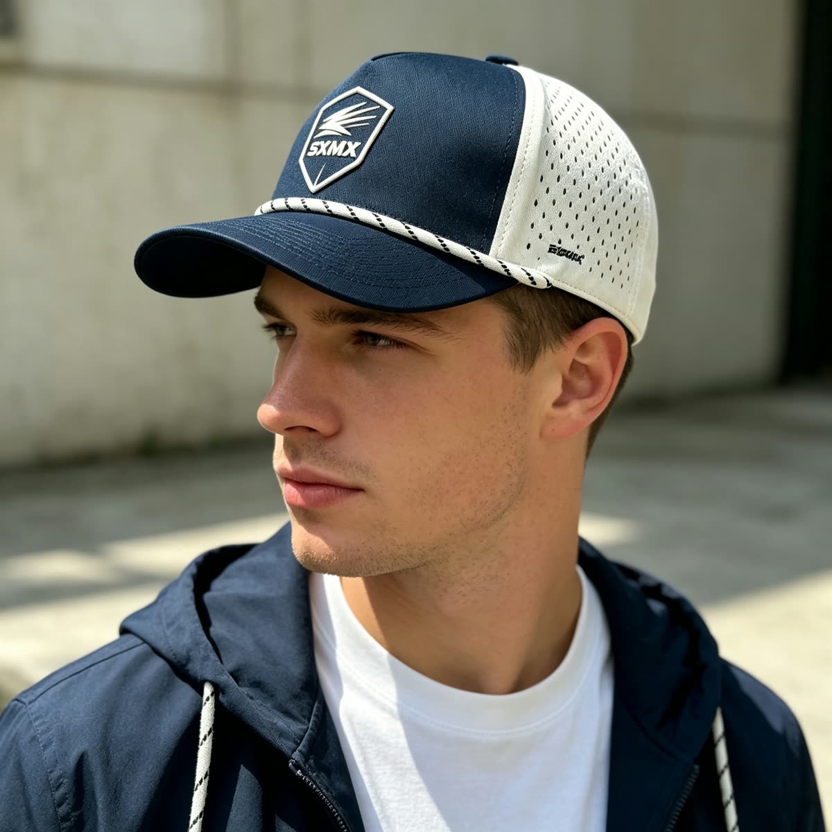 Custom Gray Two-Tone Rope Trim Cap with Embroidered Patch on model
