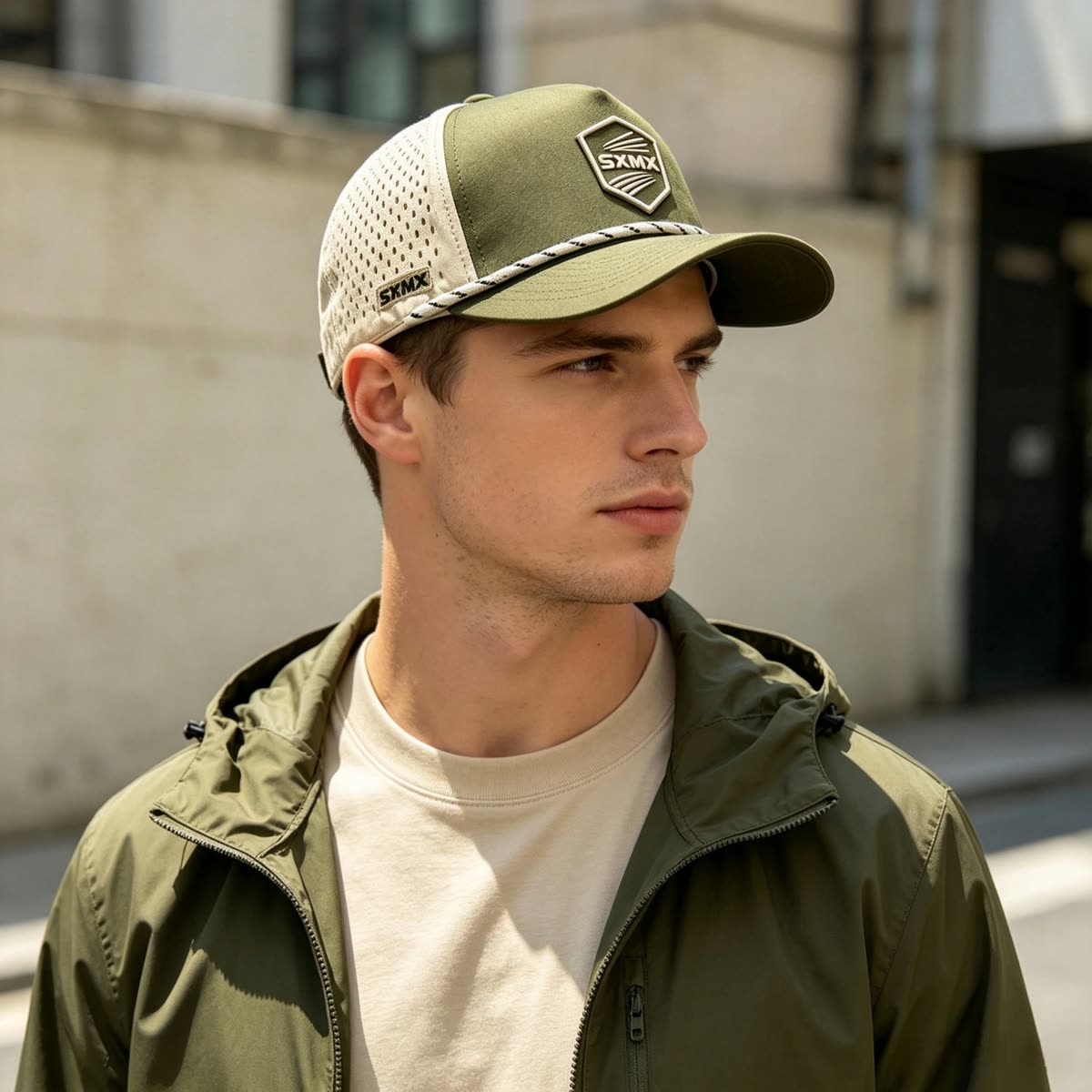 Custom Gray Two-Tone Rope Trim Cap with Embroidered Patch on model