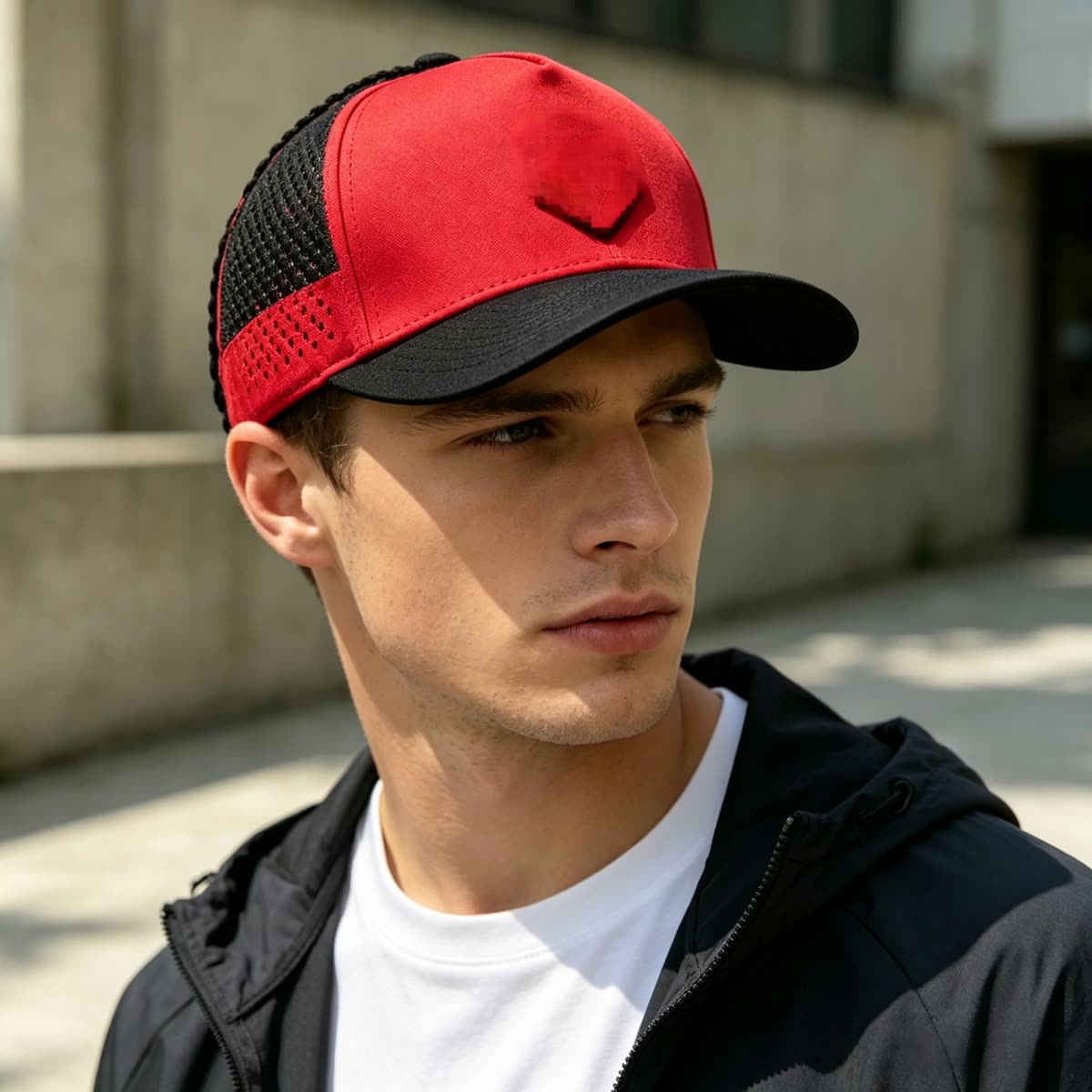 Custom Gray Two-Tone Rope Trim Cap with Embroidered Patch on model