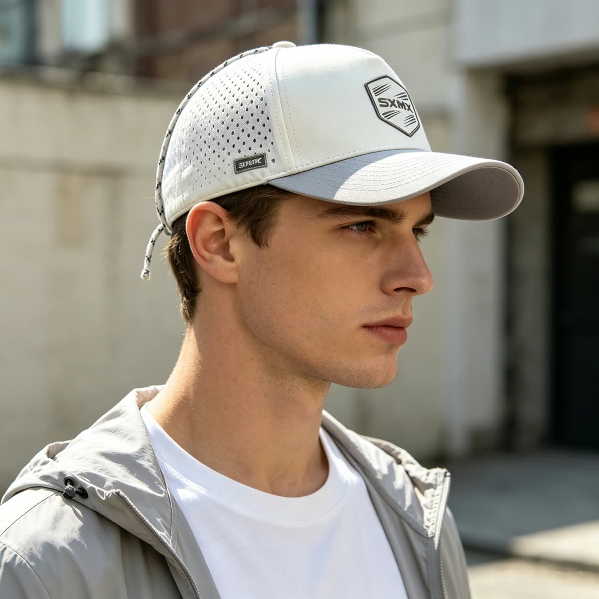 Custom Gray Two-Tone Rope Trim Cap with Embroidered Patch on model