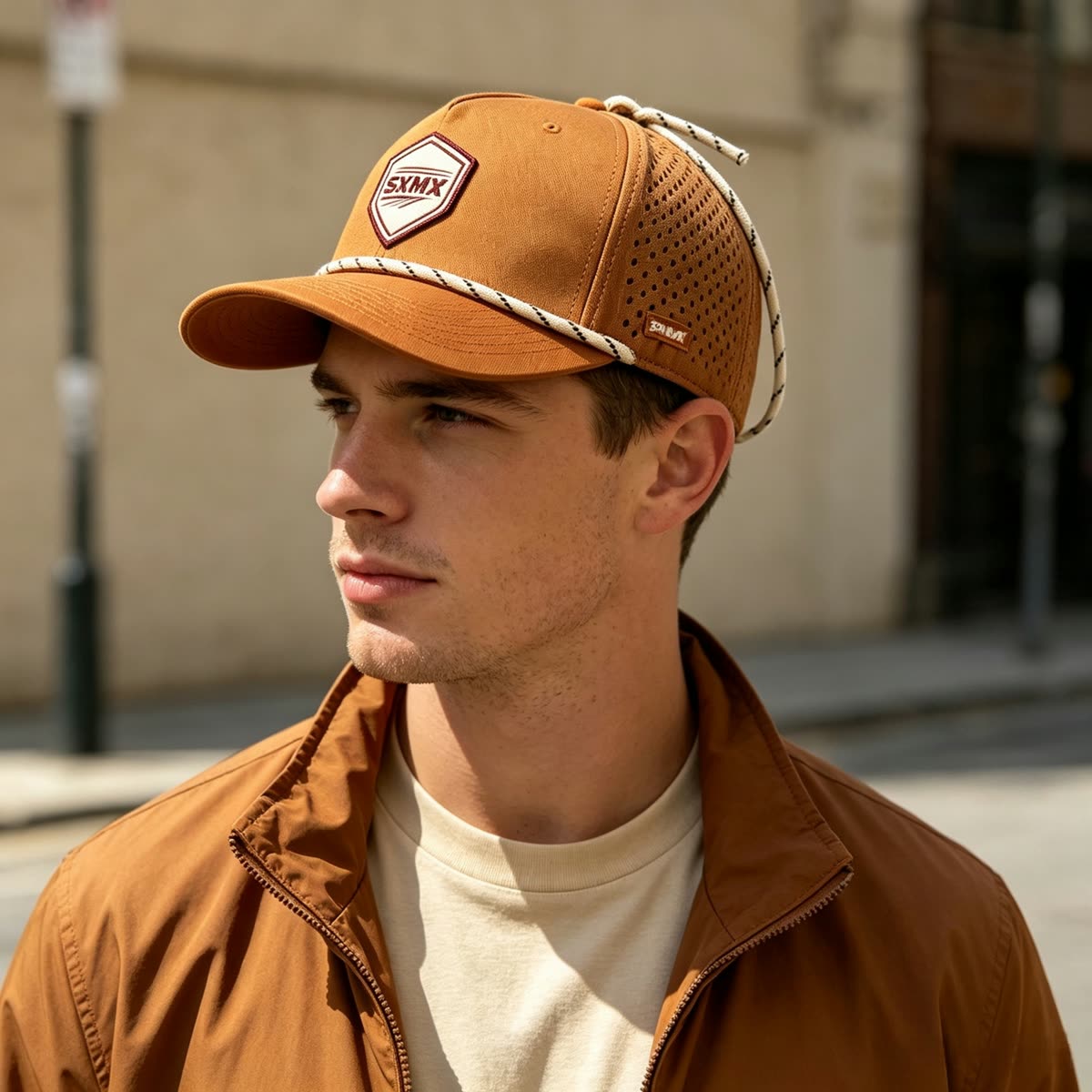 Custom Gray Two-Tone Rope Trim Cap with Embroidered Patch on model