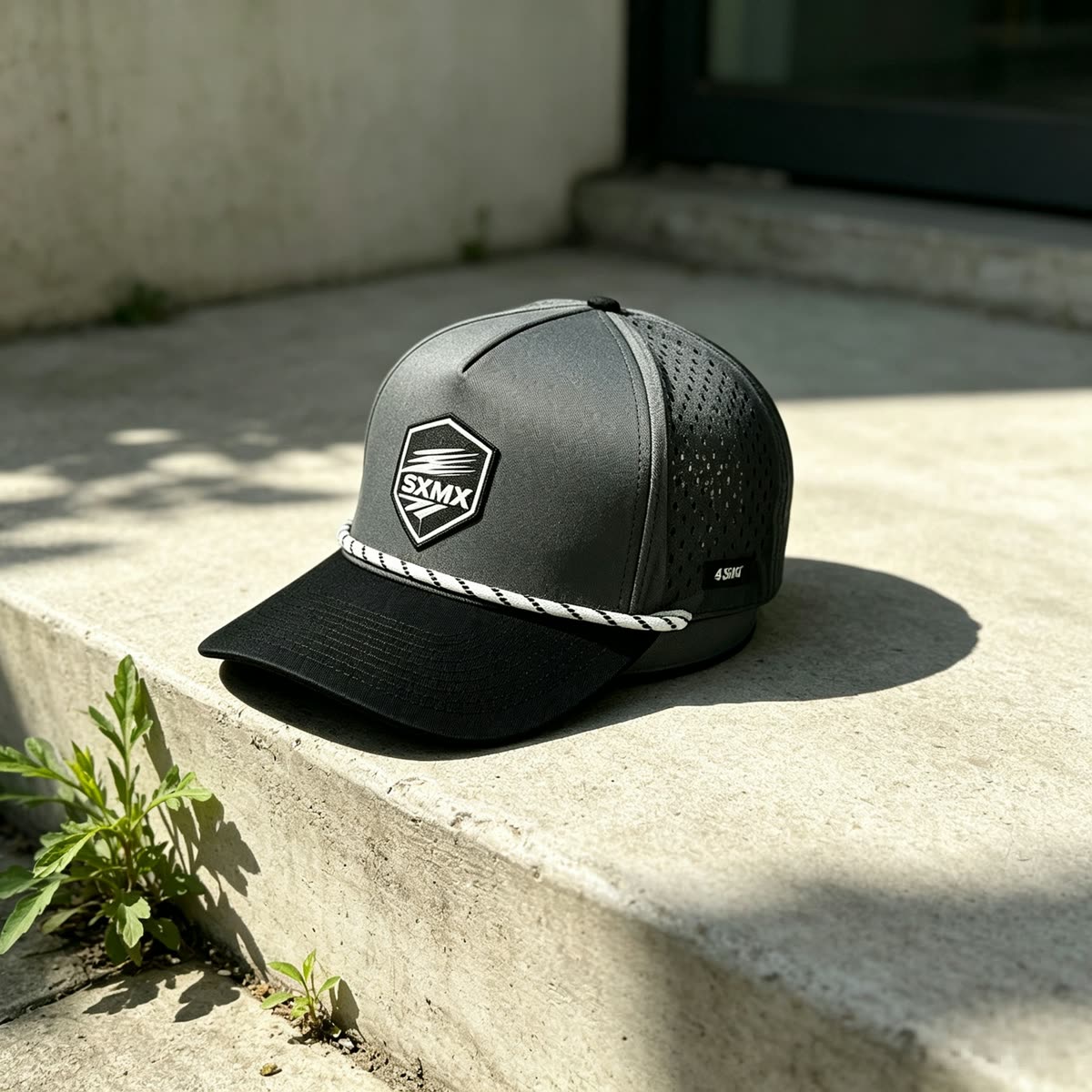 Custom Gray Two-Tone Rope Trim Cap with Embroidered Patch scene