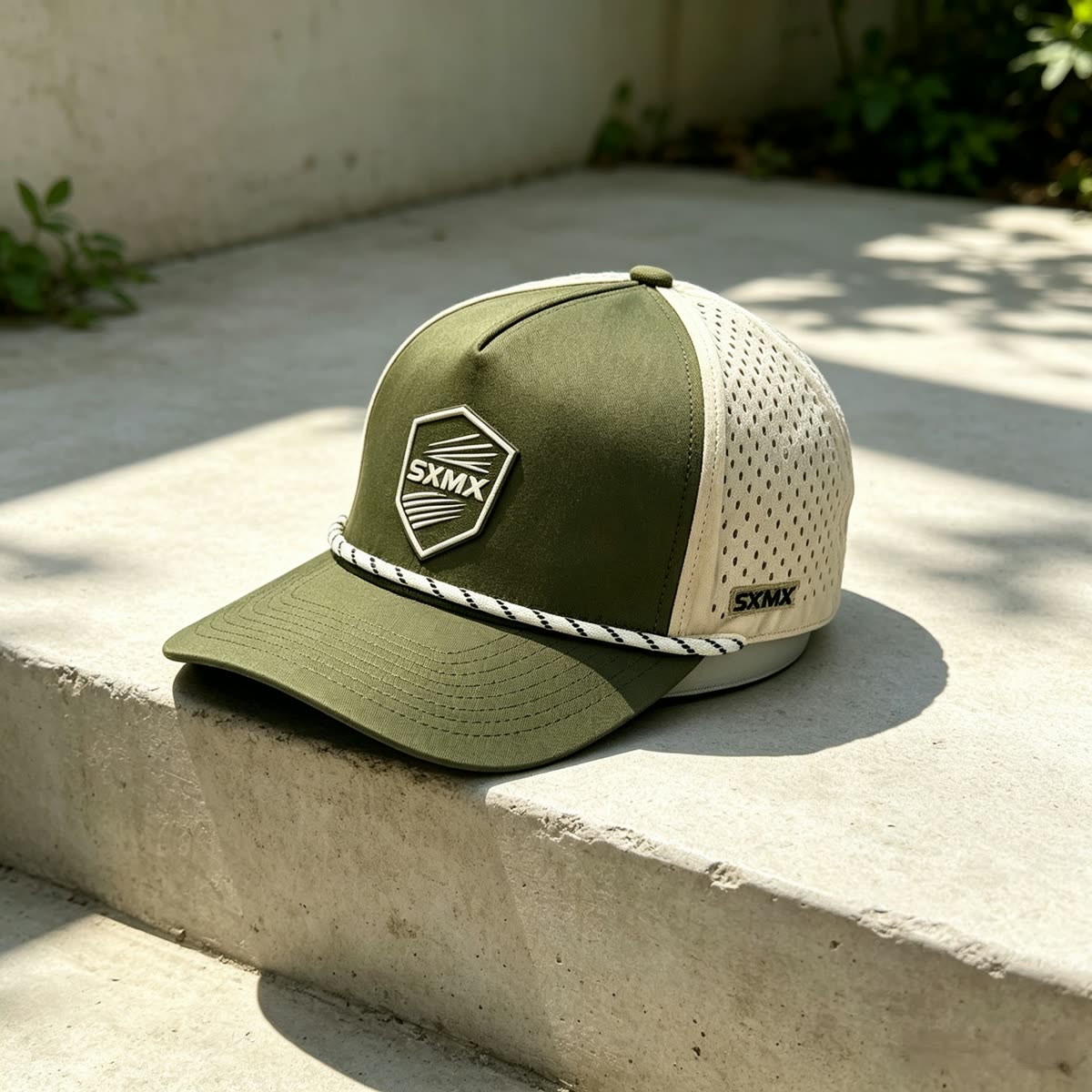 Custom Gray Two-Tone Rope Trim Cap with Embroidered Patch scene