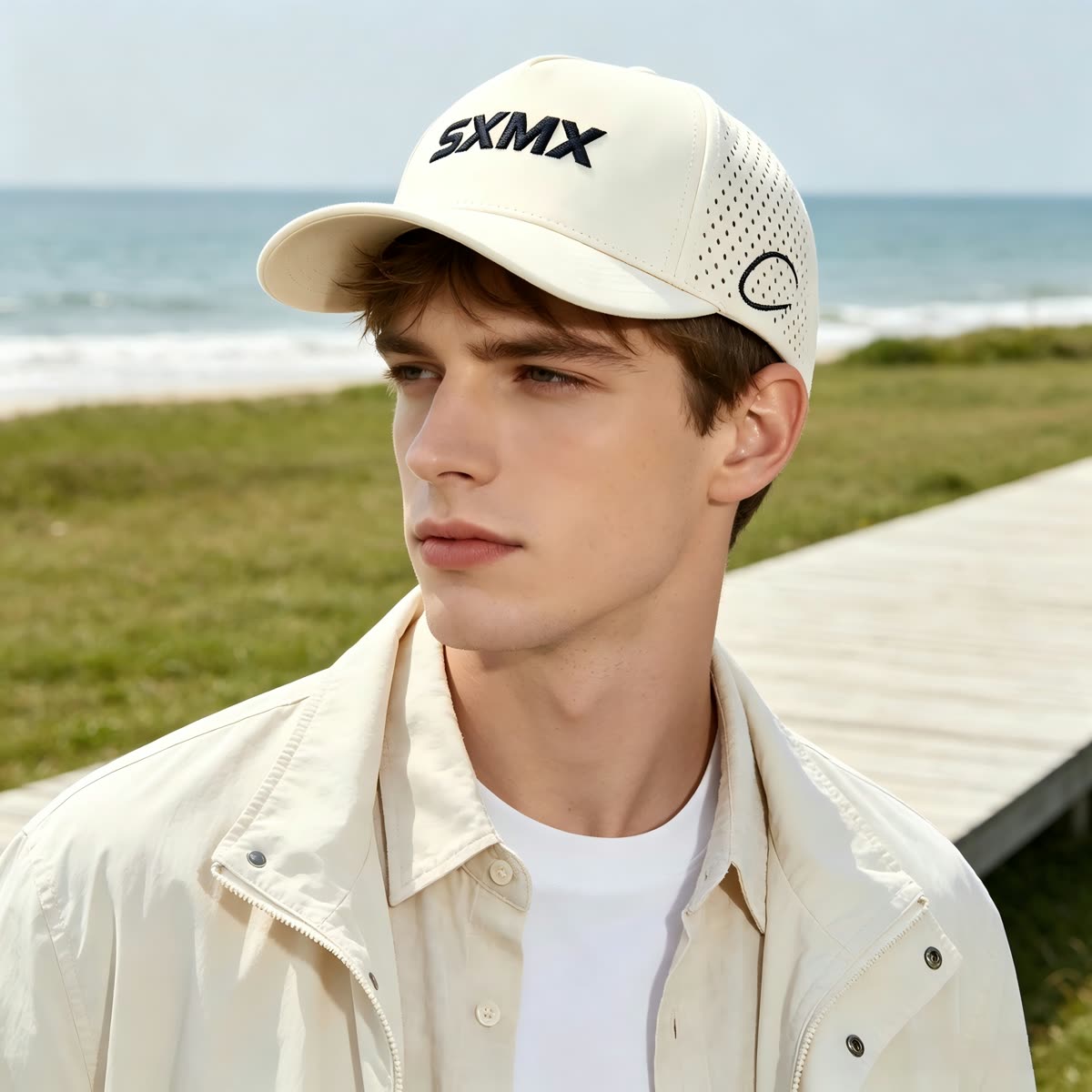 Custom Olive Perforated Cap with Embroidered Logo on model