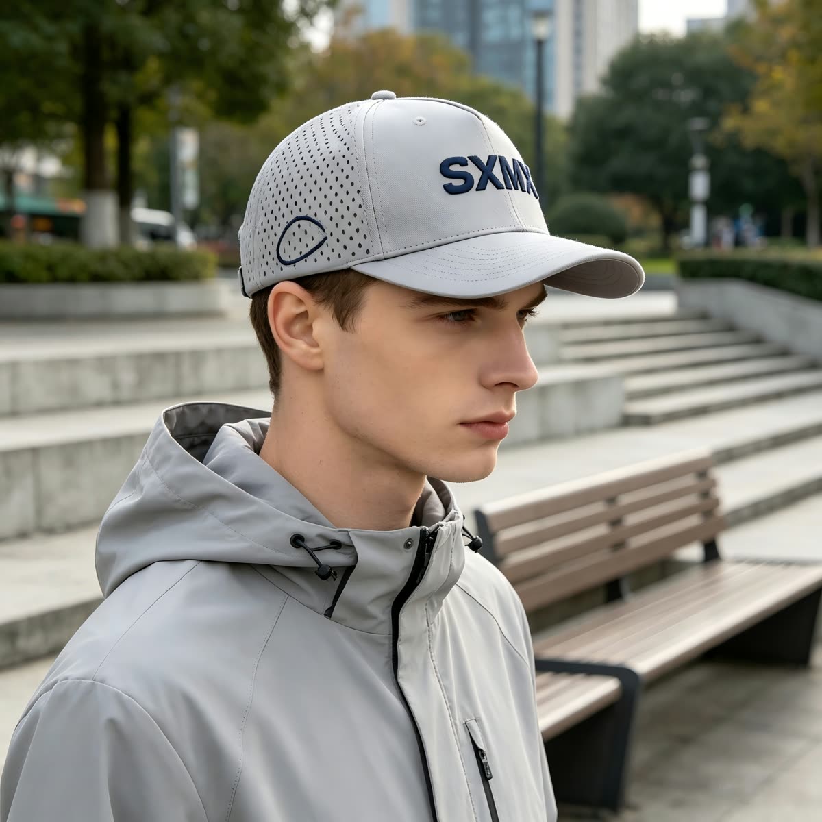 Custom Olive Perforated Cap with Embroidered Logo on model
