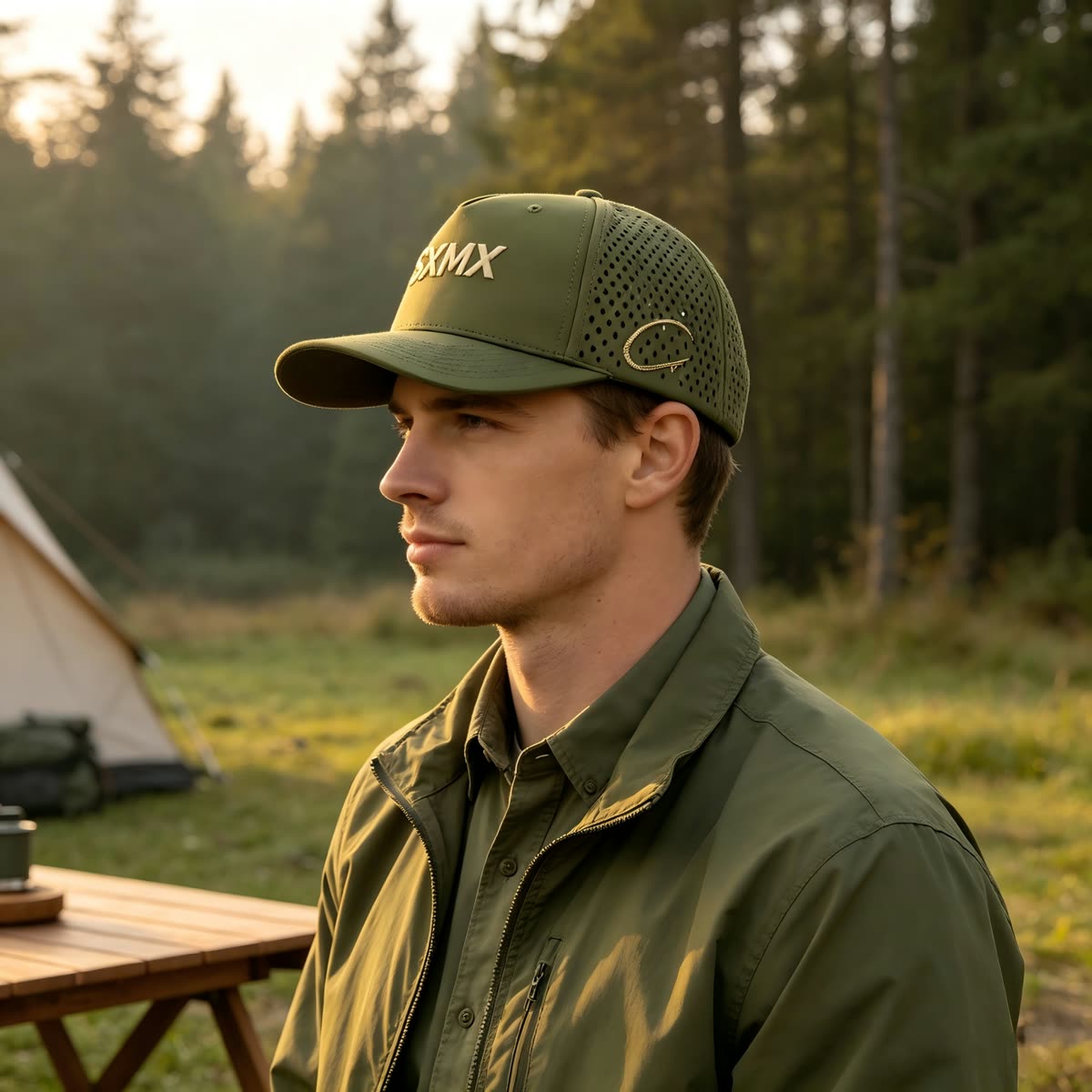Custom Olive Perforated Cap with Embroidered Logo on model