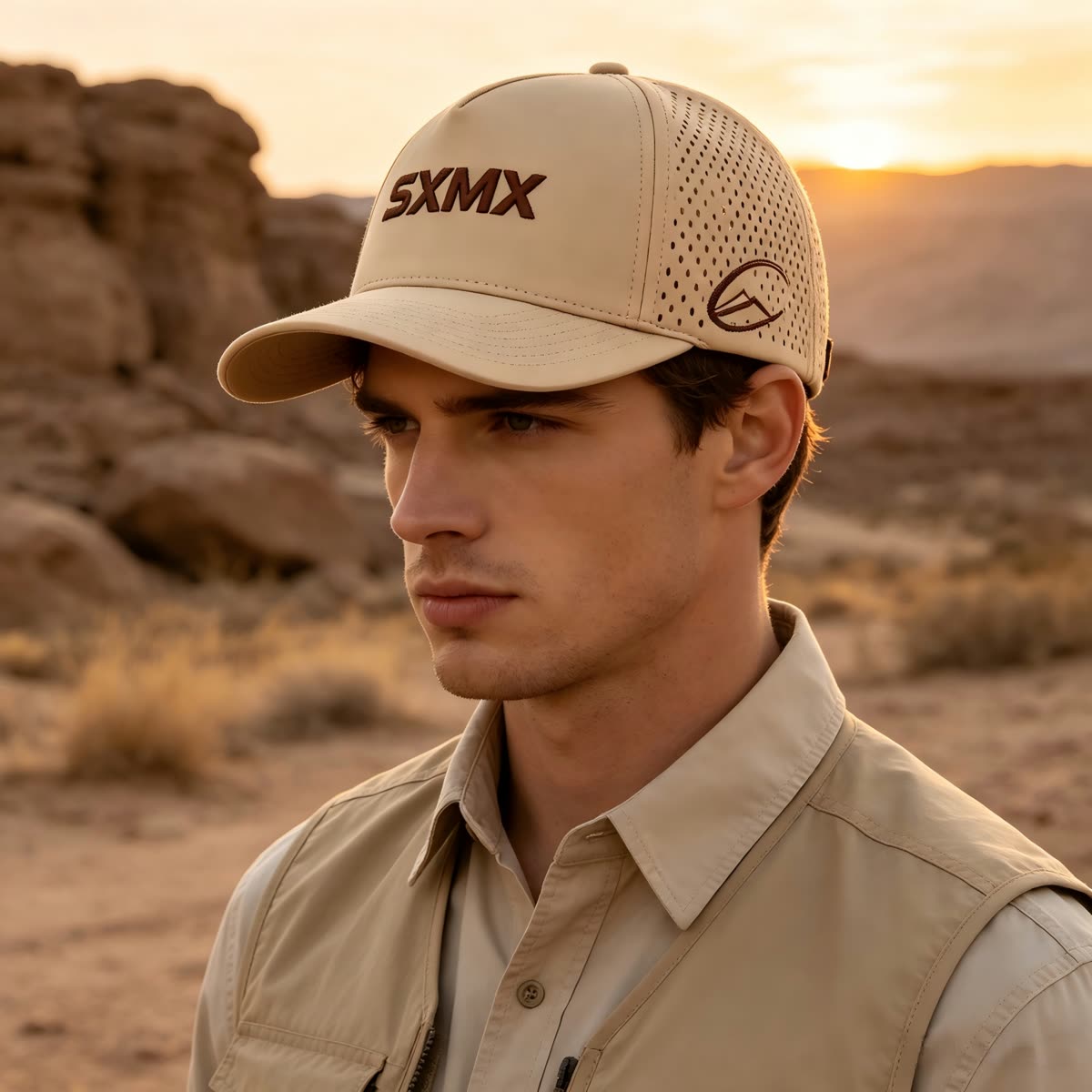 Custom Olive Perforated Cap with Embroidered Logo on model