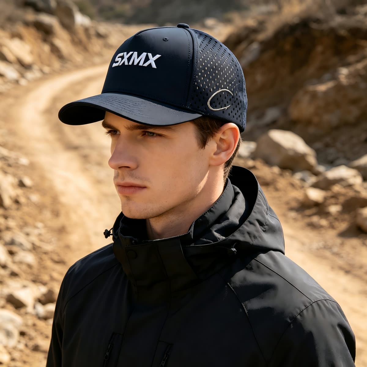 Custom Olive Perforated Cap with Embroidered Logo on model