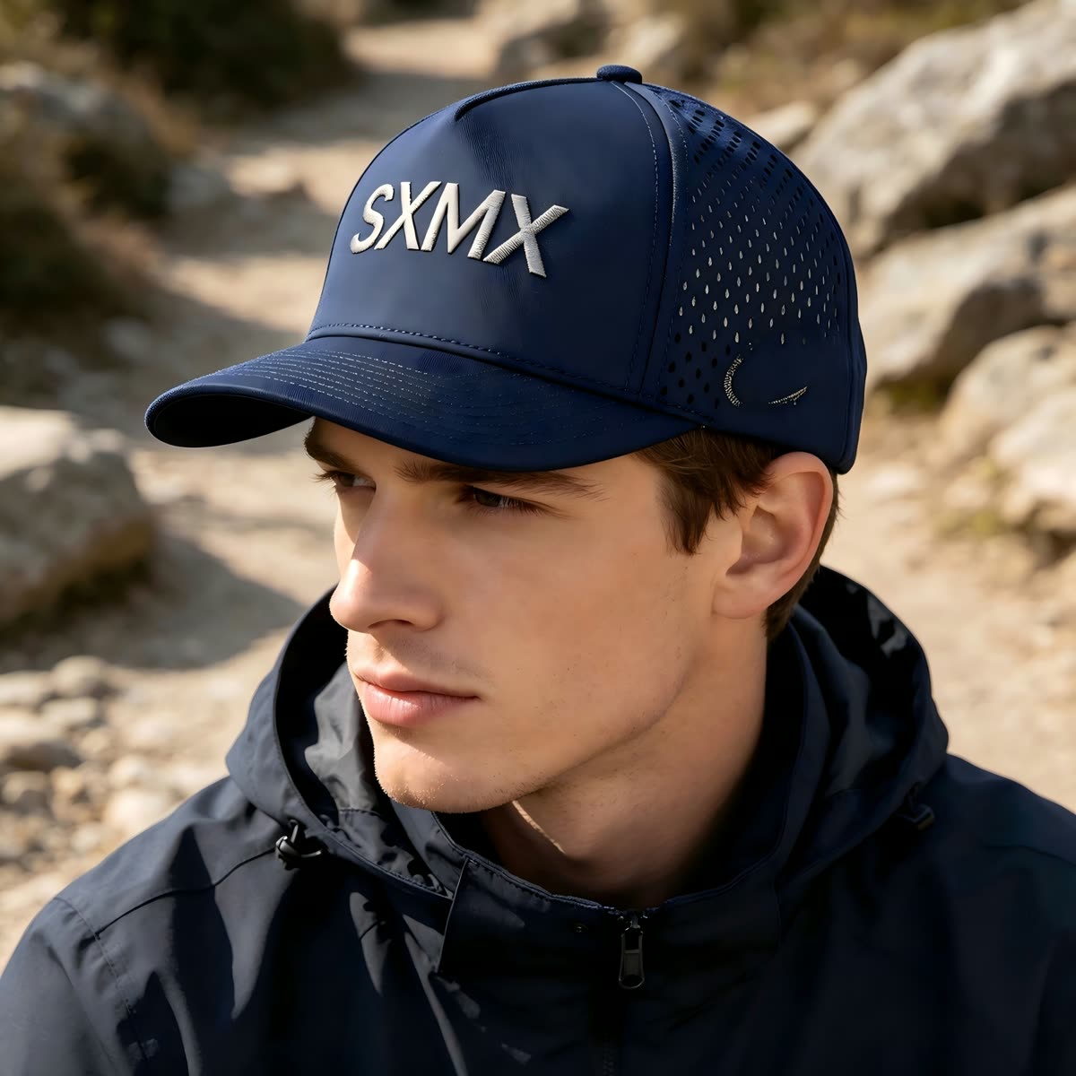 Custom Olive Perforated Cap with Embroidered Logo on model