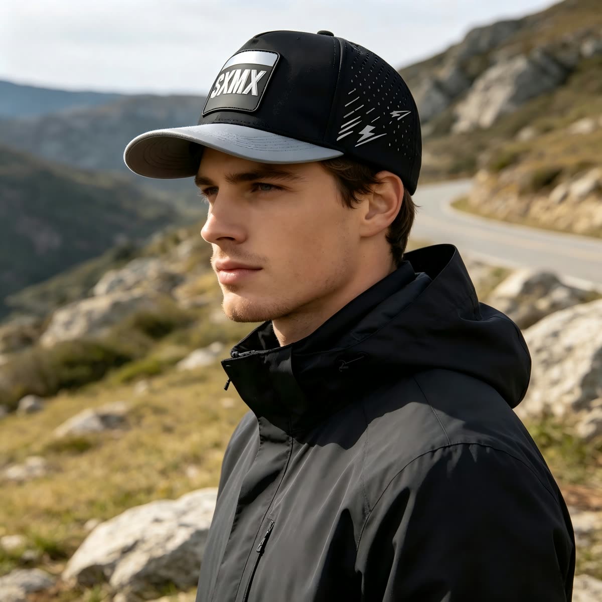 Custom Star Stripe Trucker Cap with Square Patch on model