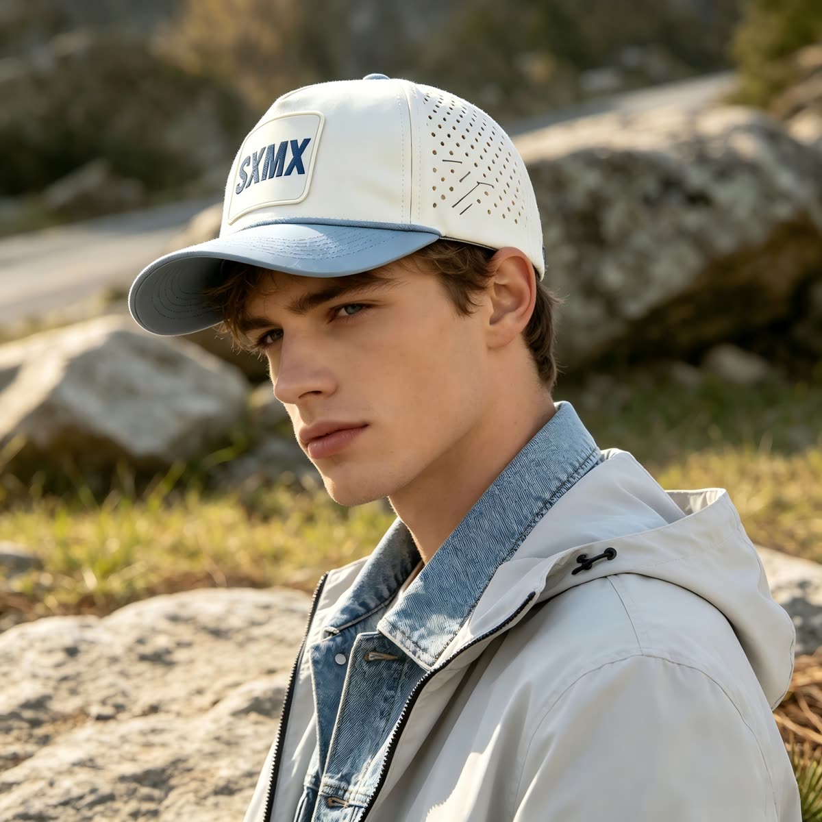 Custom Star Stripe Trucker Cap with Square Patch on model