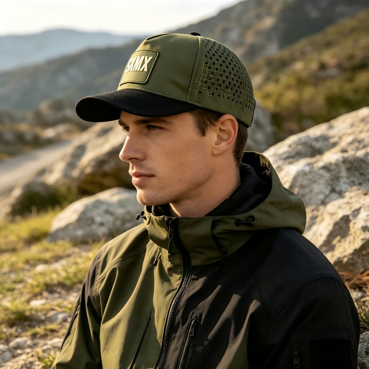 Custom Star Stripe Trucker Cap with Square Patch on model