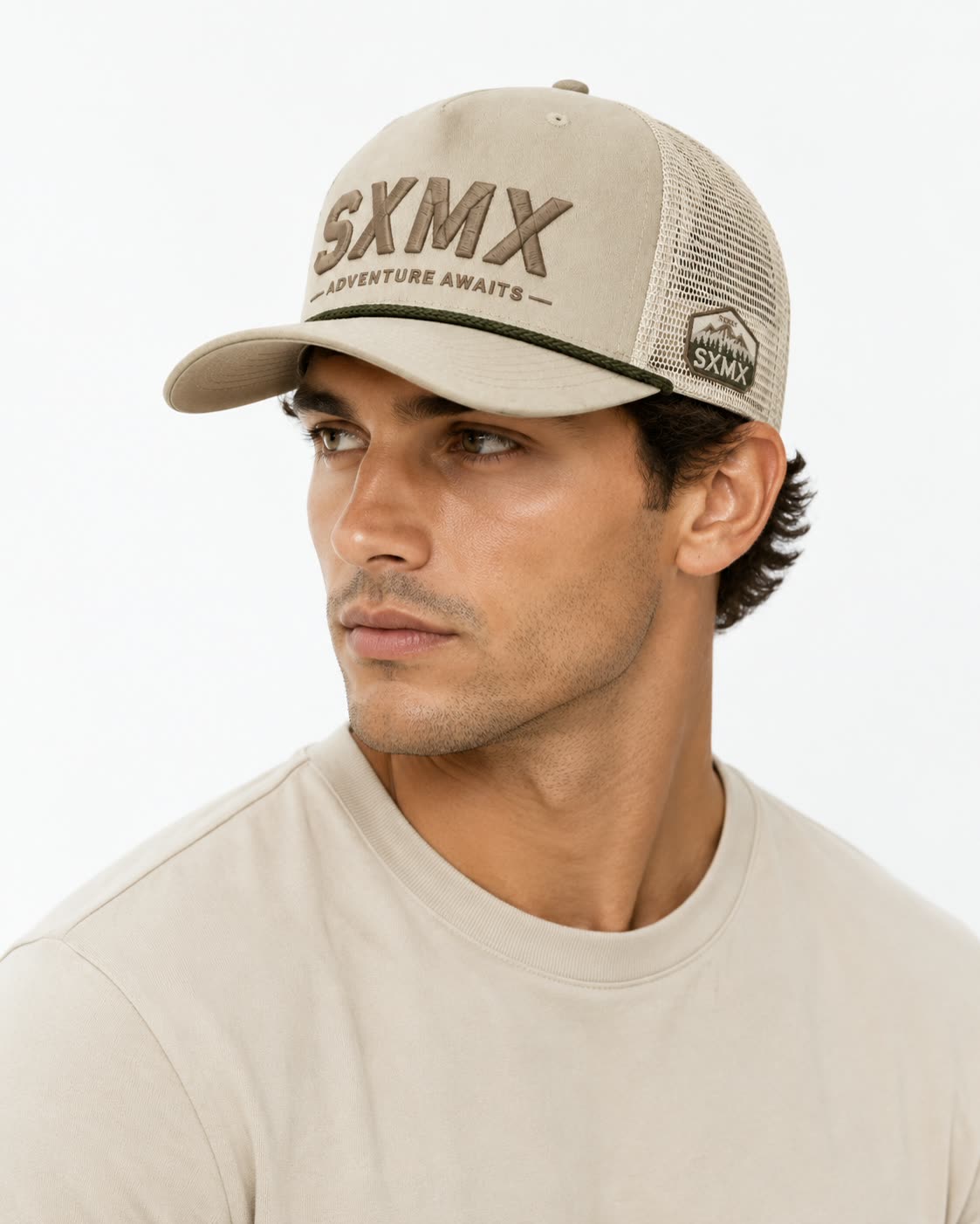Custom White 3D Logo Trucker Cap with Rope Trim on model