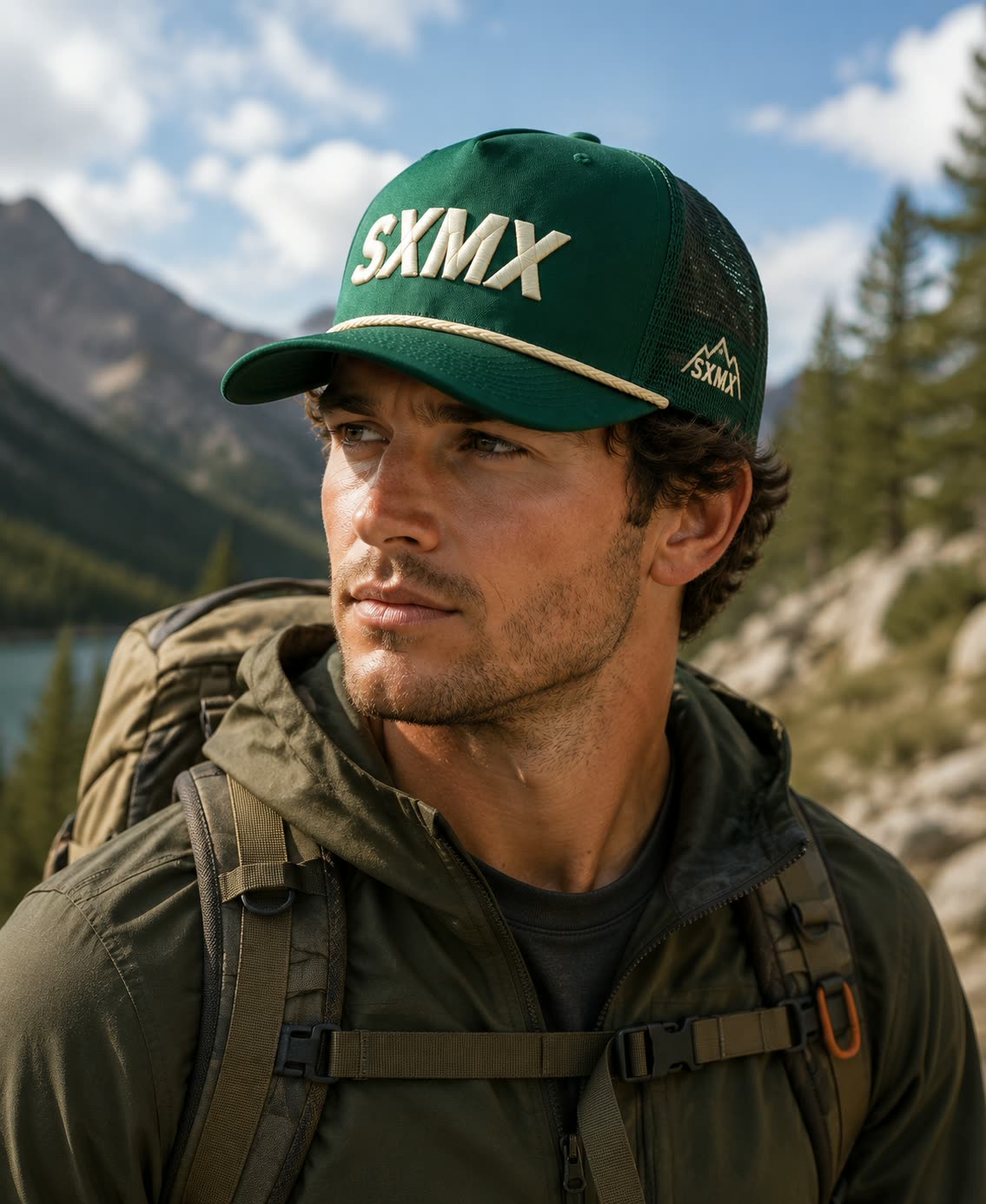 Custom White 3D Logo Trucker Cap with Rope Trim on model