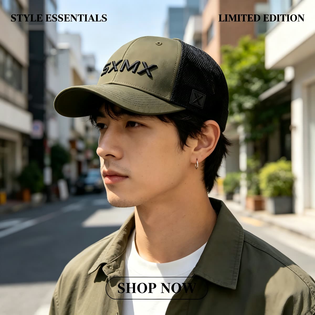 Custom Olive X Patch Trucker Cap with Black Mesh scene