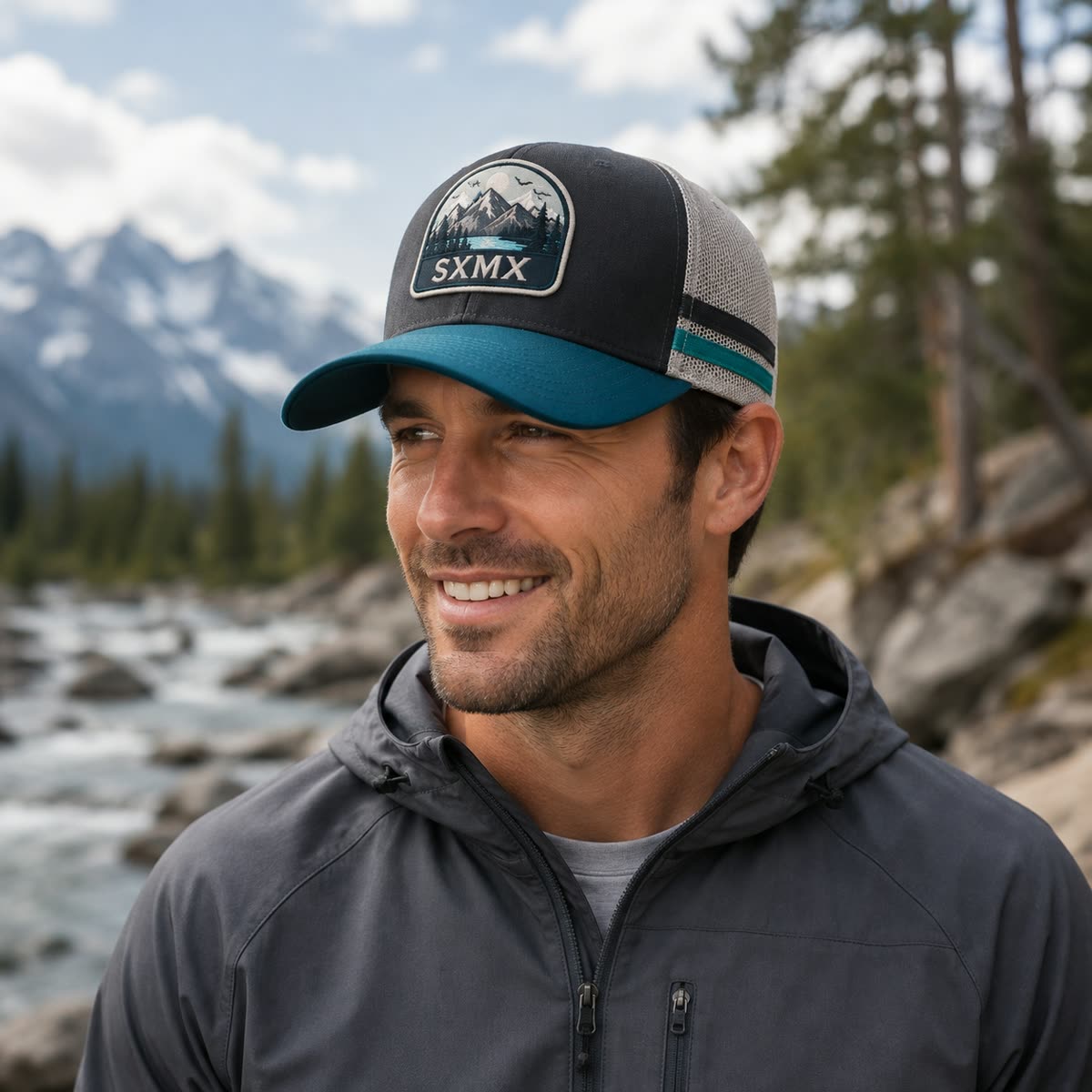 Custom Mountain Hexagon Patch Trucker Cap with Mesh Back on model