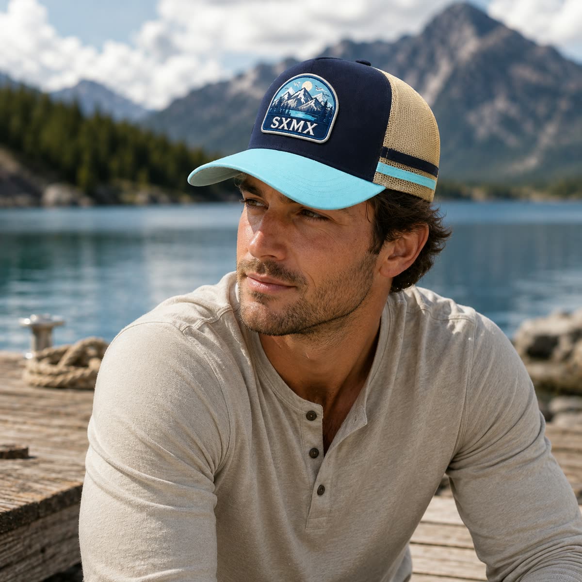 Custom Mountain Hexagon Patch Trucker Cap with Mesh Back on model