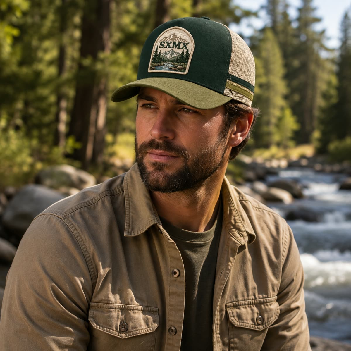 Custom Mountain Hexagon Patch Trucker Cap with Mesh Back on model