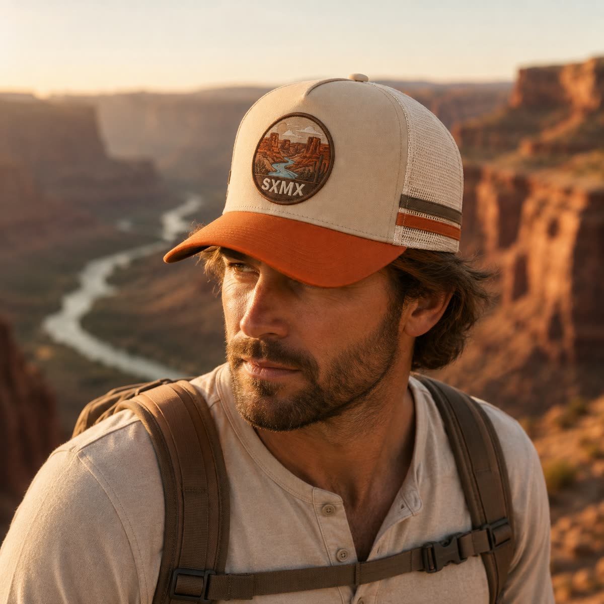 Custom Mountain Hexagon Patch Trucker Cap with Mesh Back on model