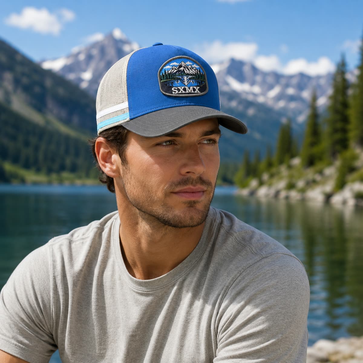 Custom Mountain Hexagon Patch Trucker Cap with Mesh Back on model